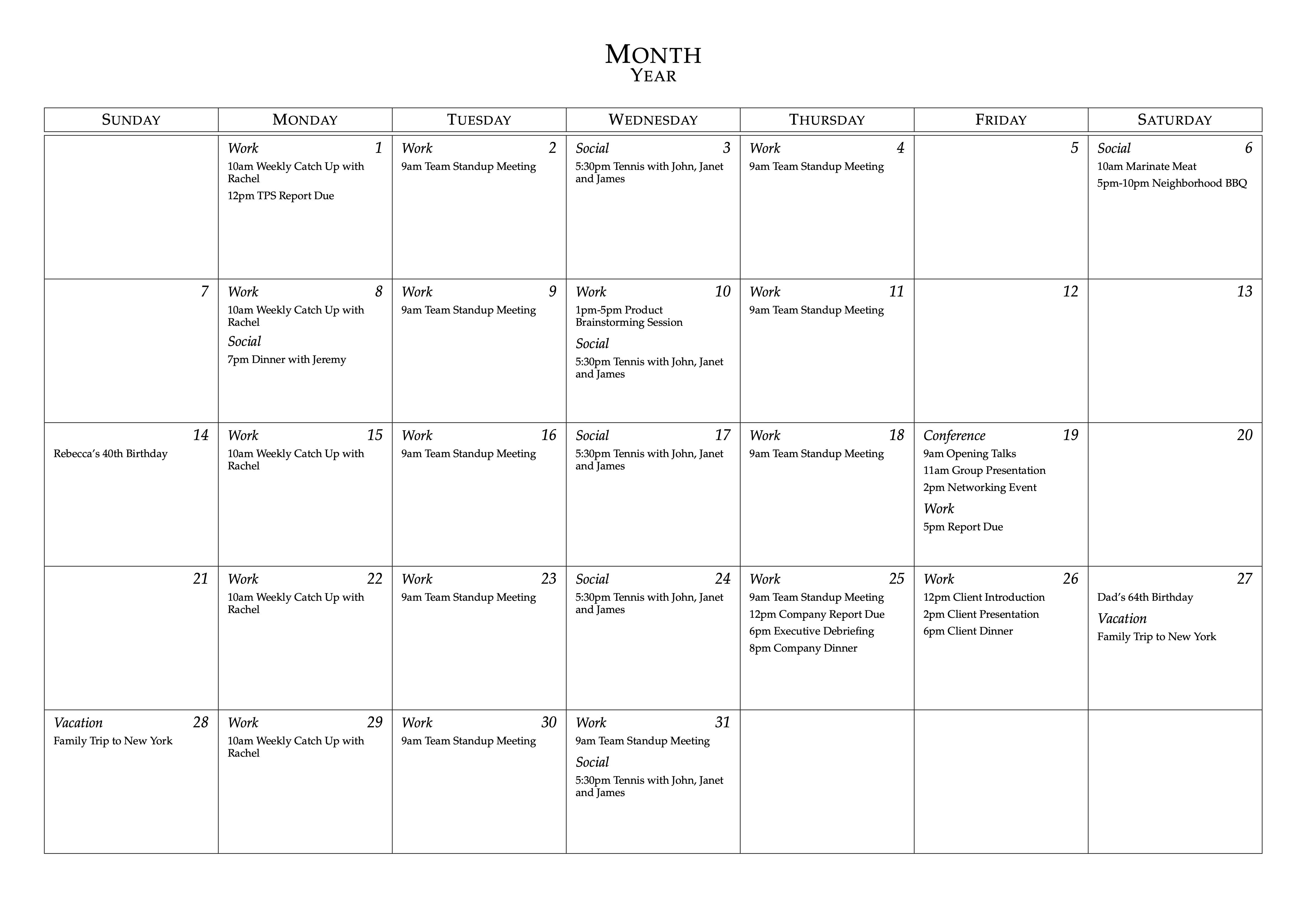 LaTeX Templates Monthly Calendar