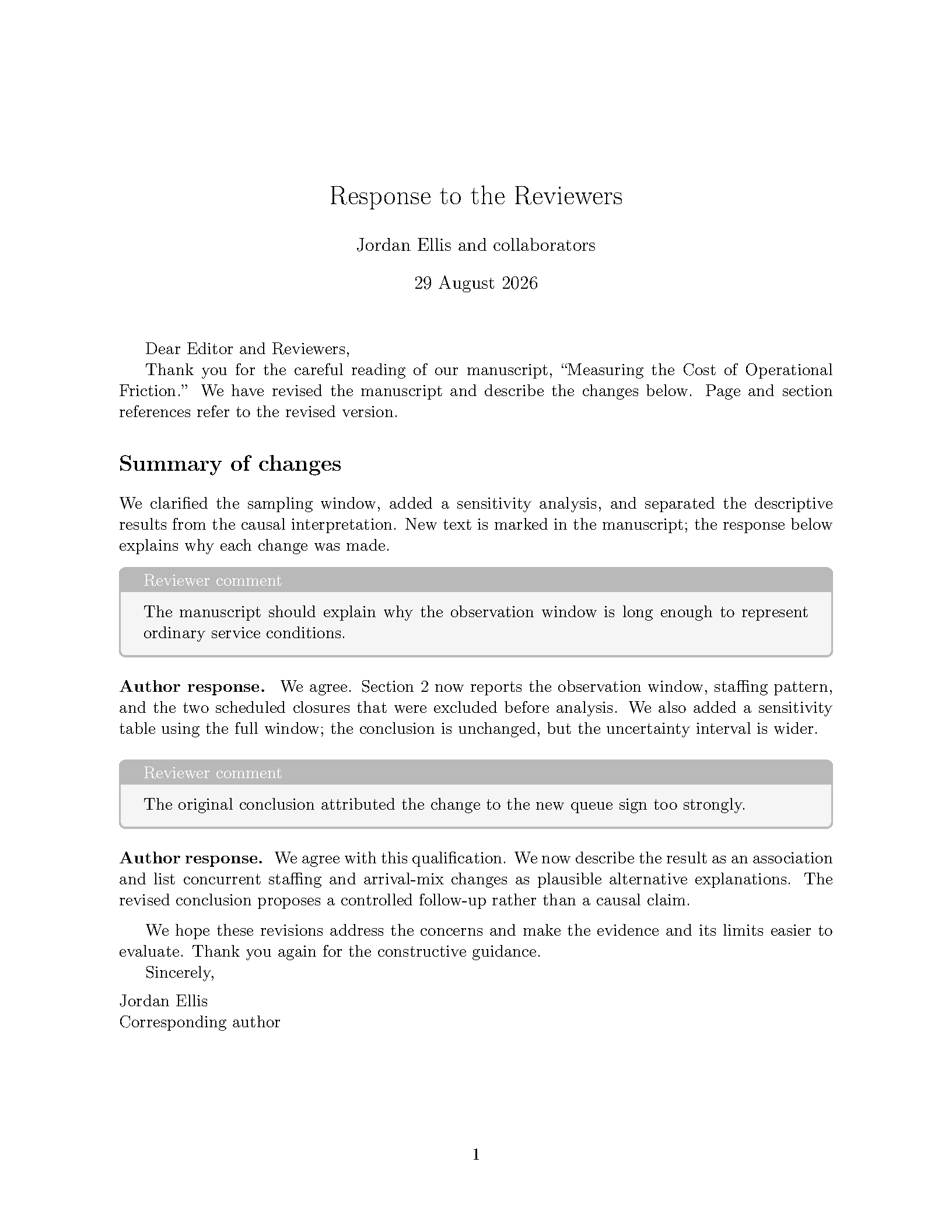 First page of the Academic Response Letter template