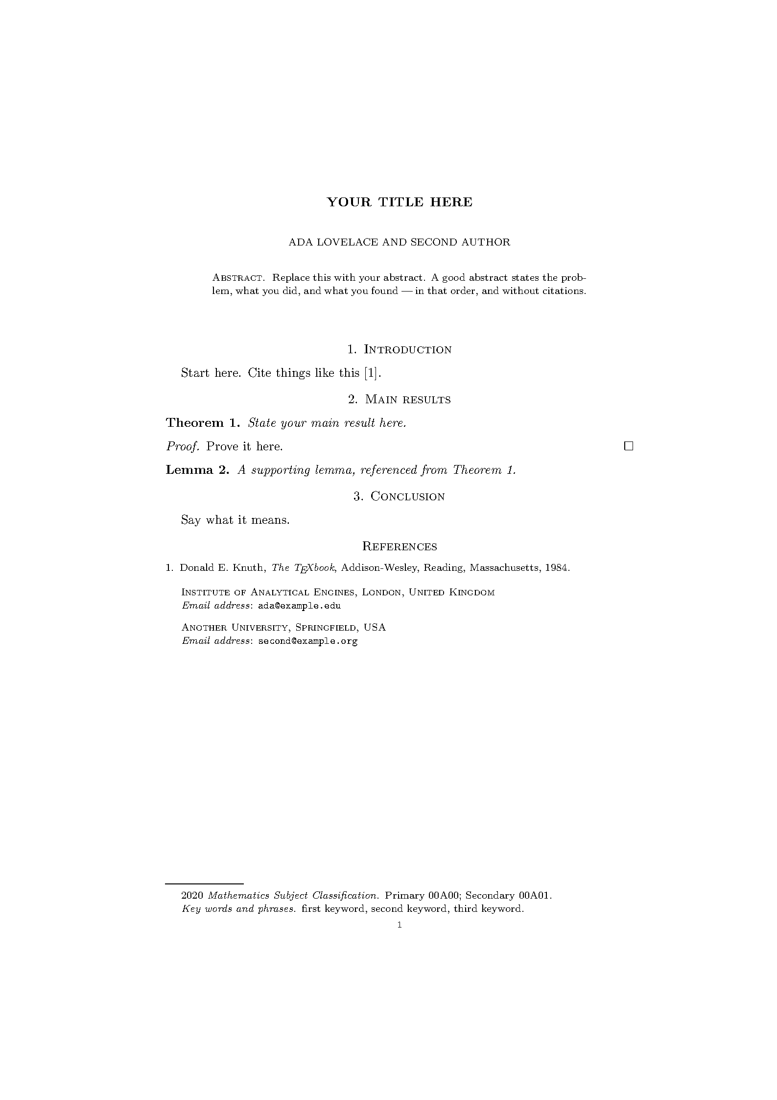 First page of the compiled AMS Article (amsart) template