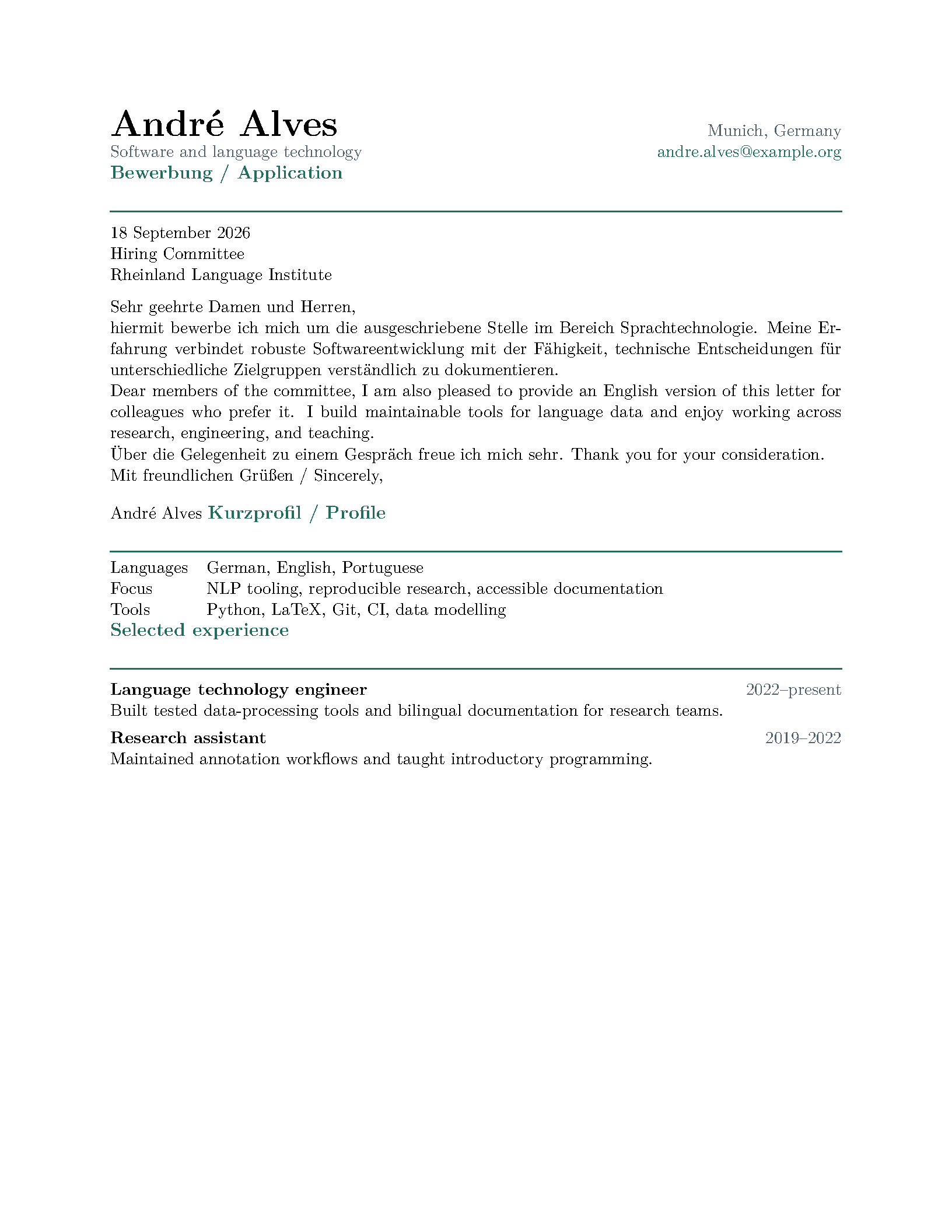 First page of the andre-CV Cover Letter Class template