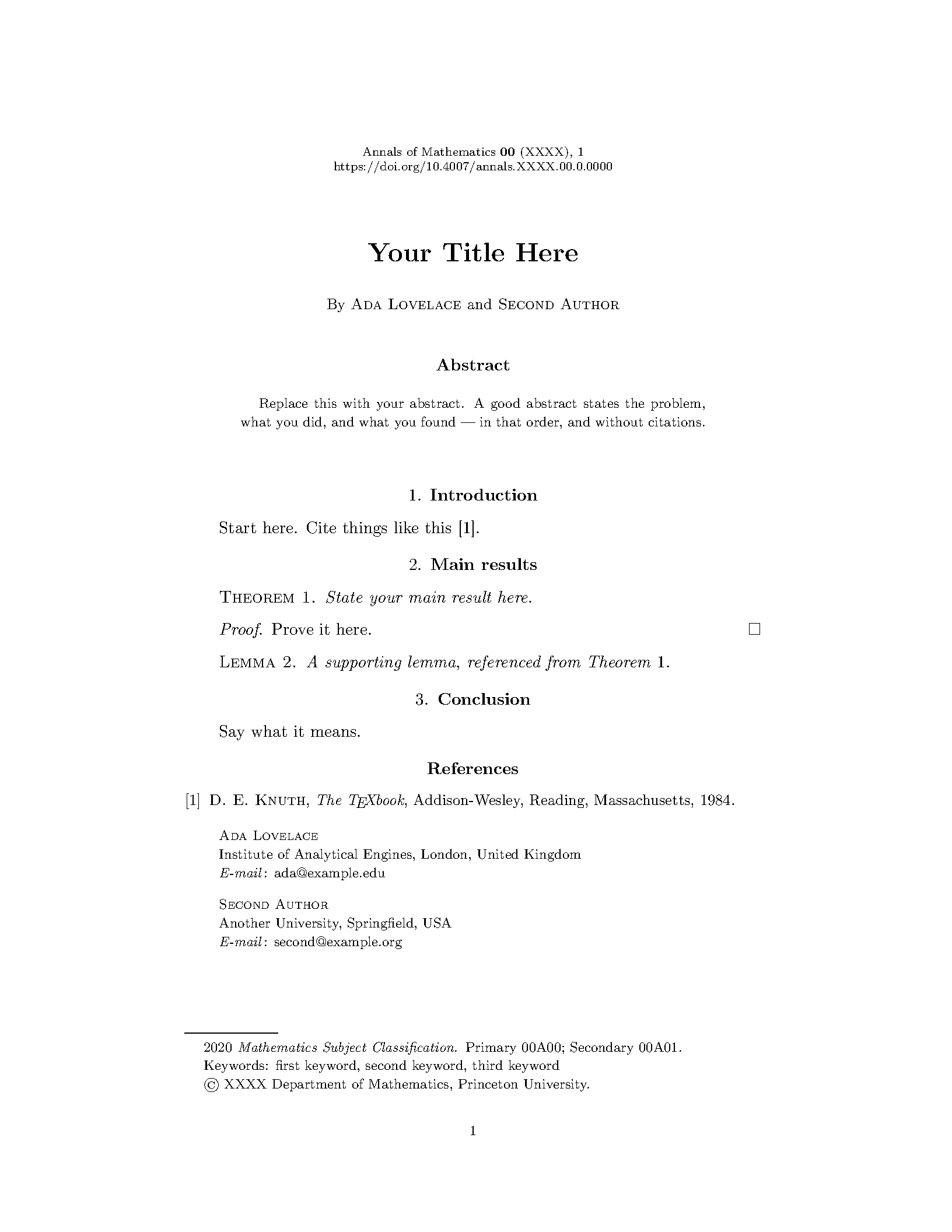 First page of Annals of Mathematics (aomart)