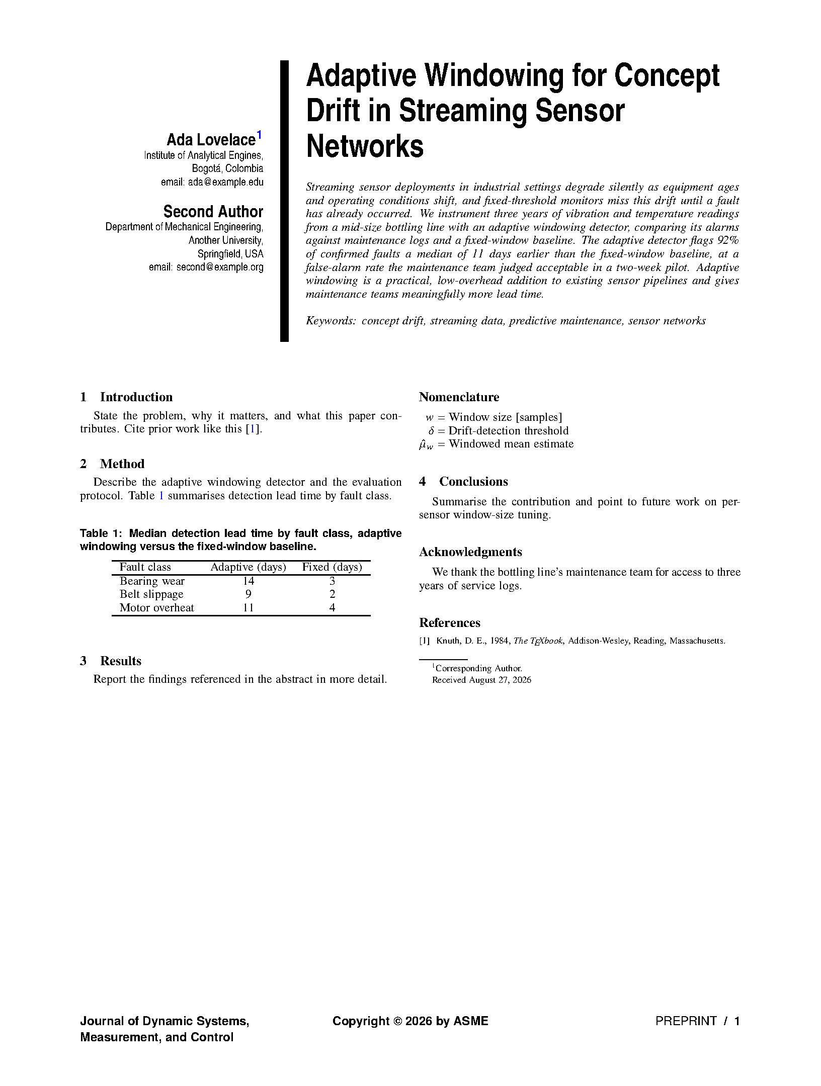 First page of ASME Journal Paper
