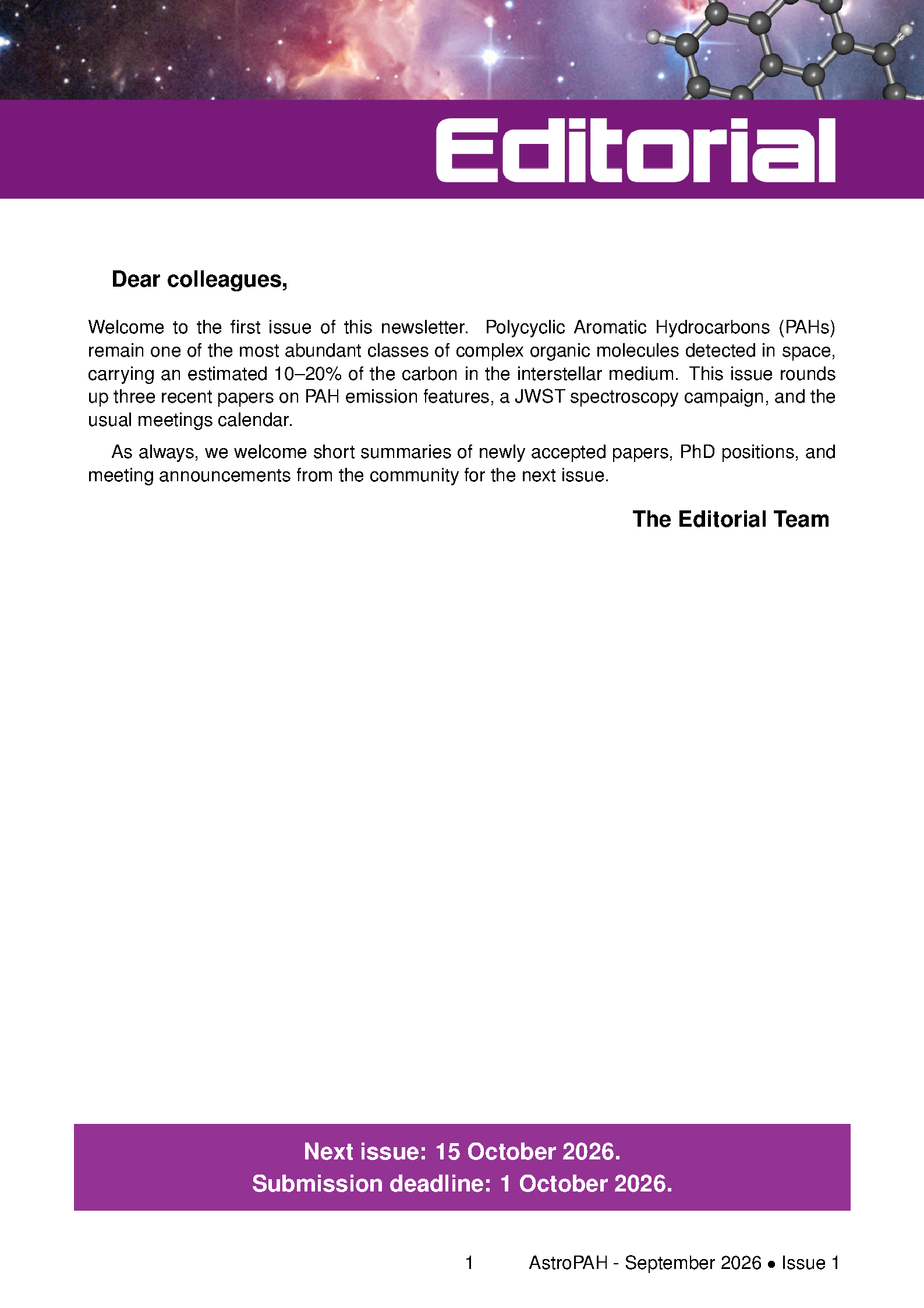 First page of the compiled AstroPAH Newsletter template