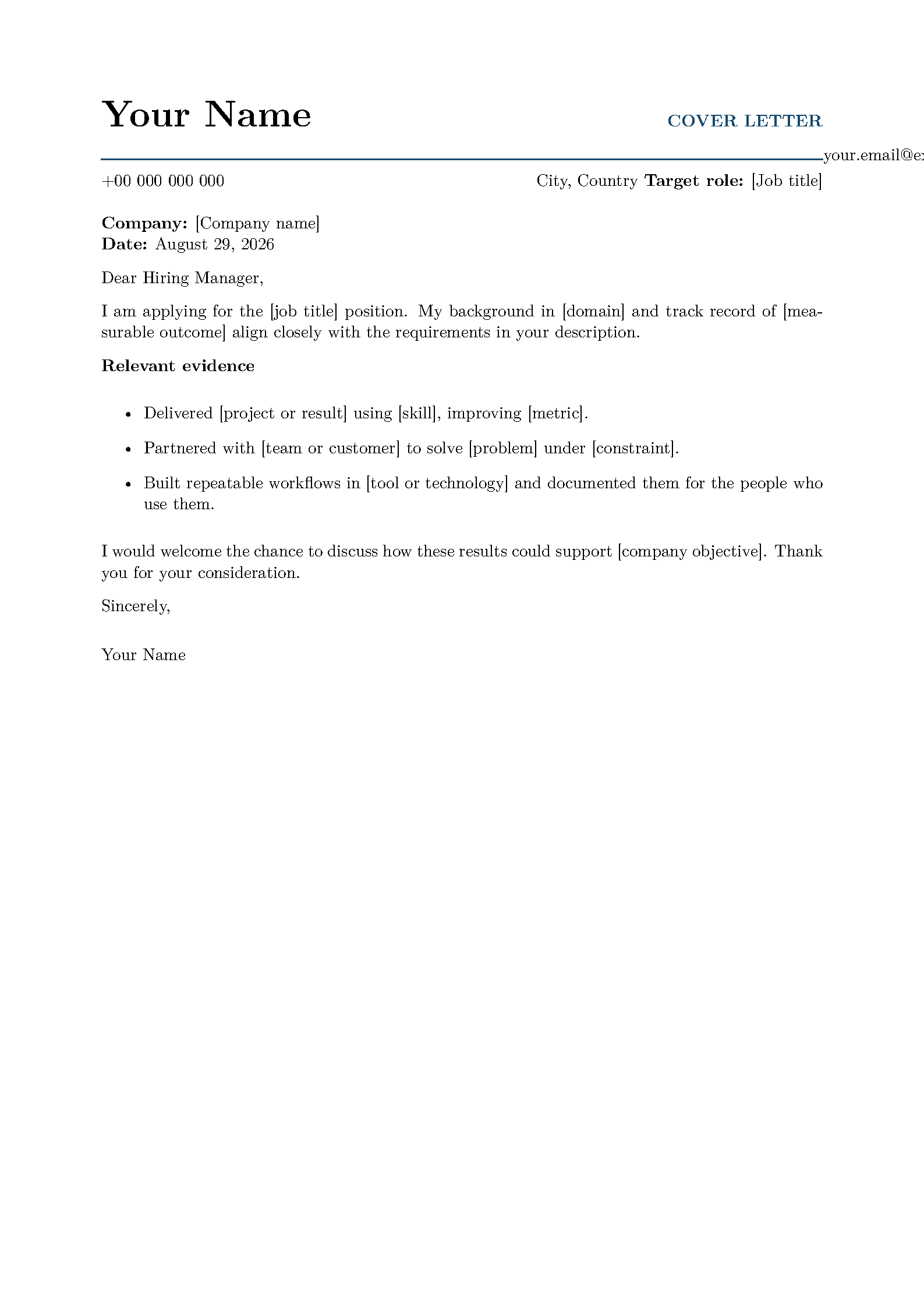 First page of the ATS Resume Agent Cover Letter template