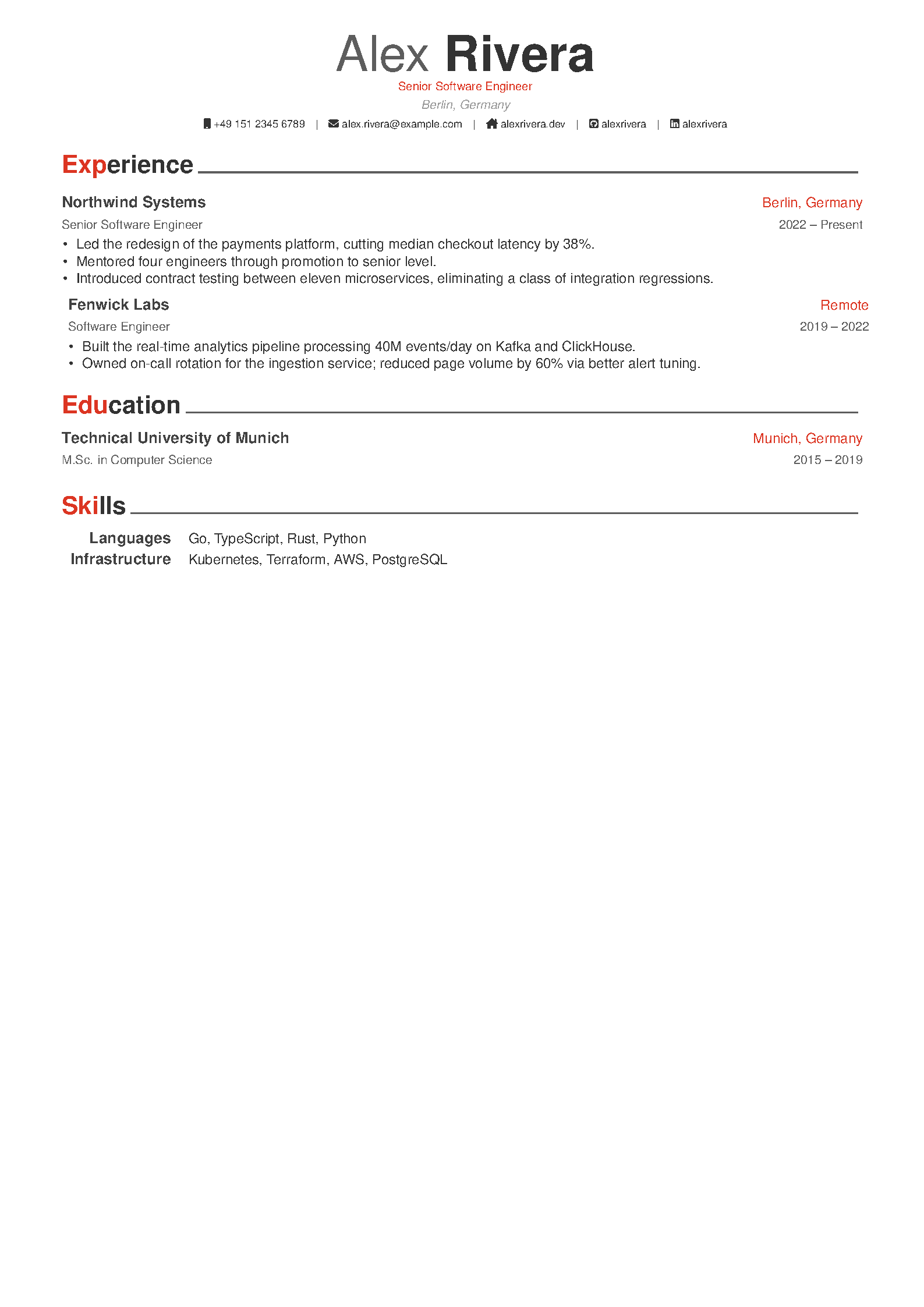 First page of the compiled Awesome Resume/CV template