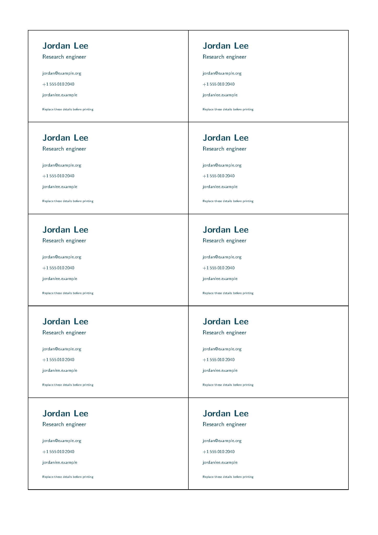 First page of the bizcard template