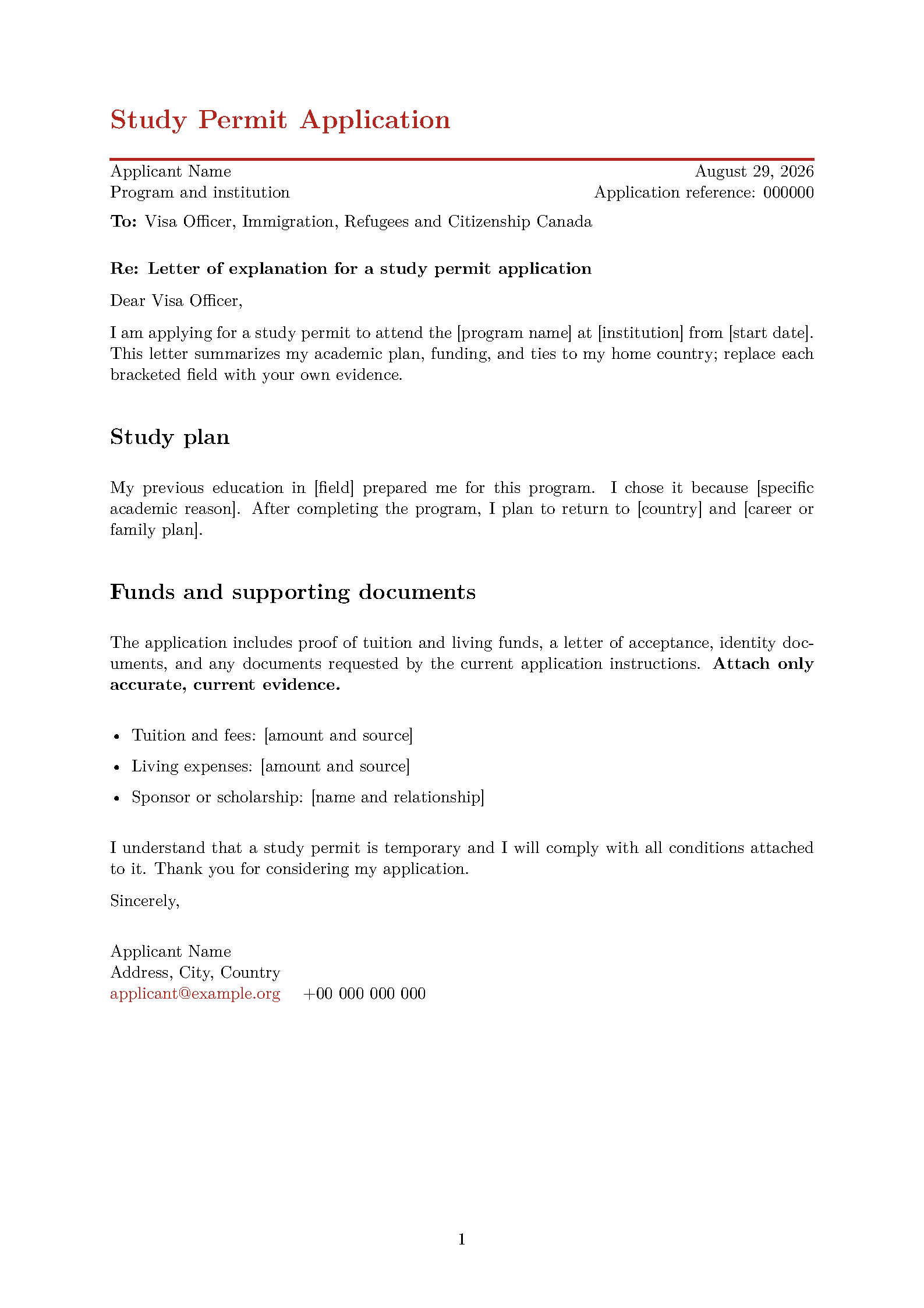First page of the Canada Study Permit Cover Letter template