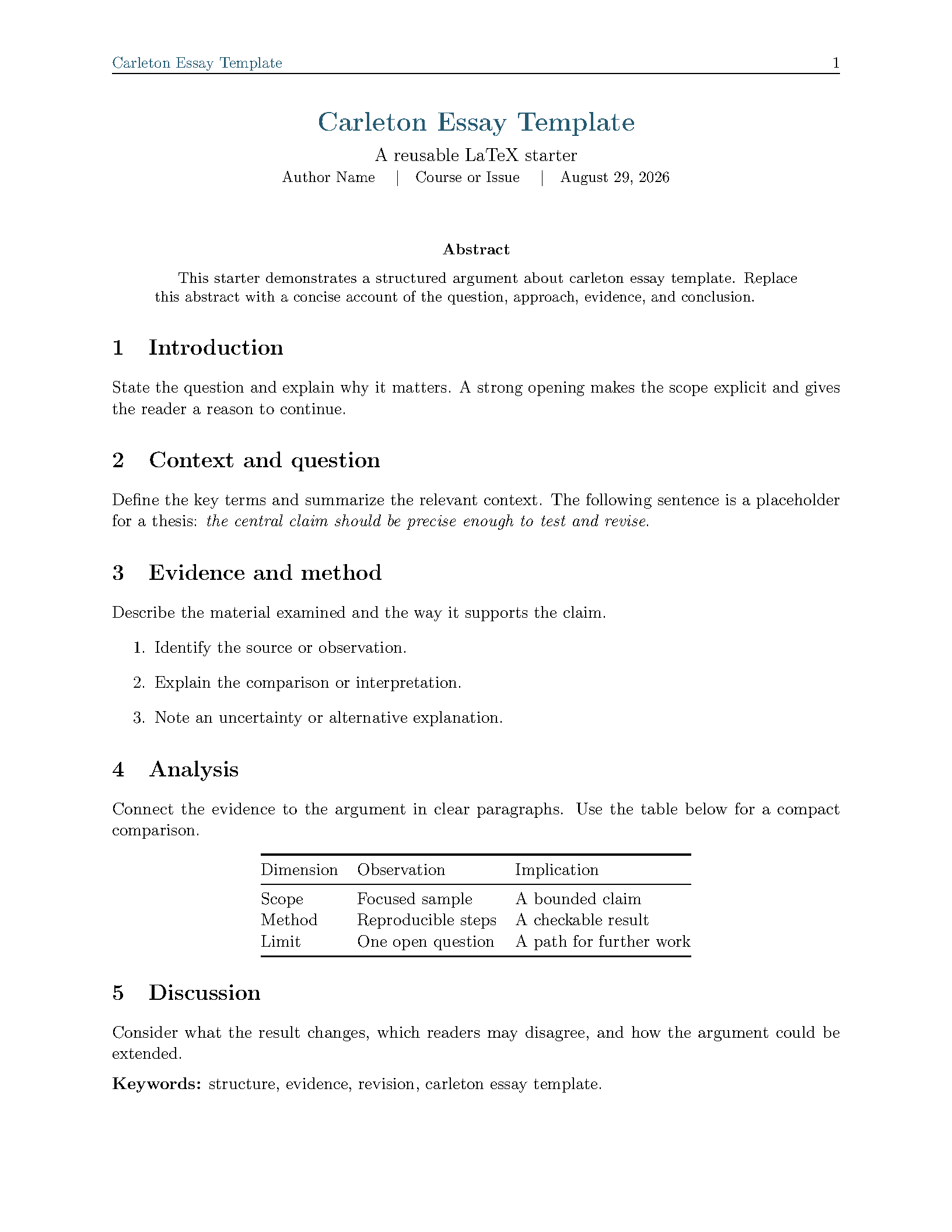 First page of Carleton Essay Template