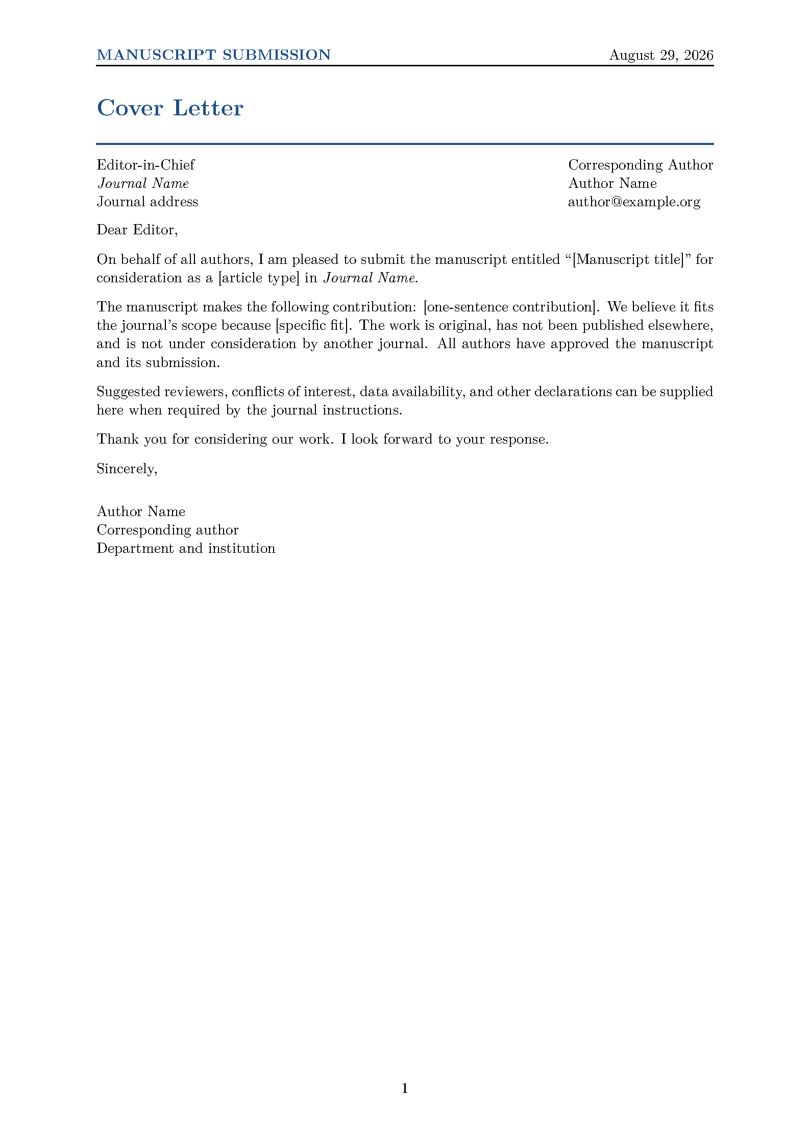 First page of the Chang'an University Submission Letter template