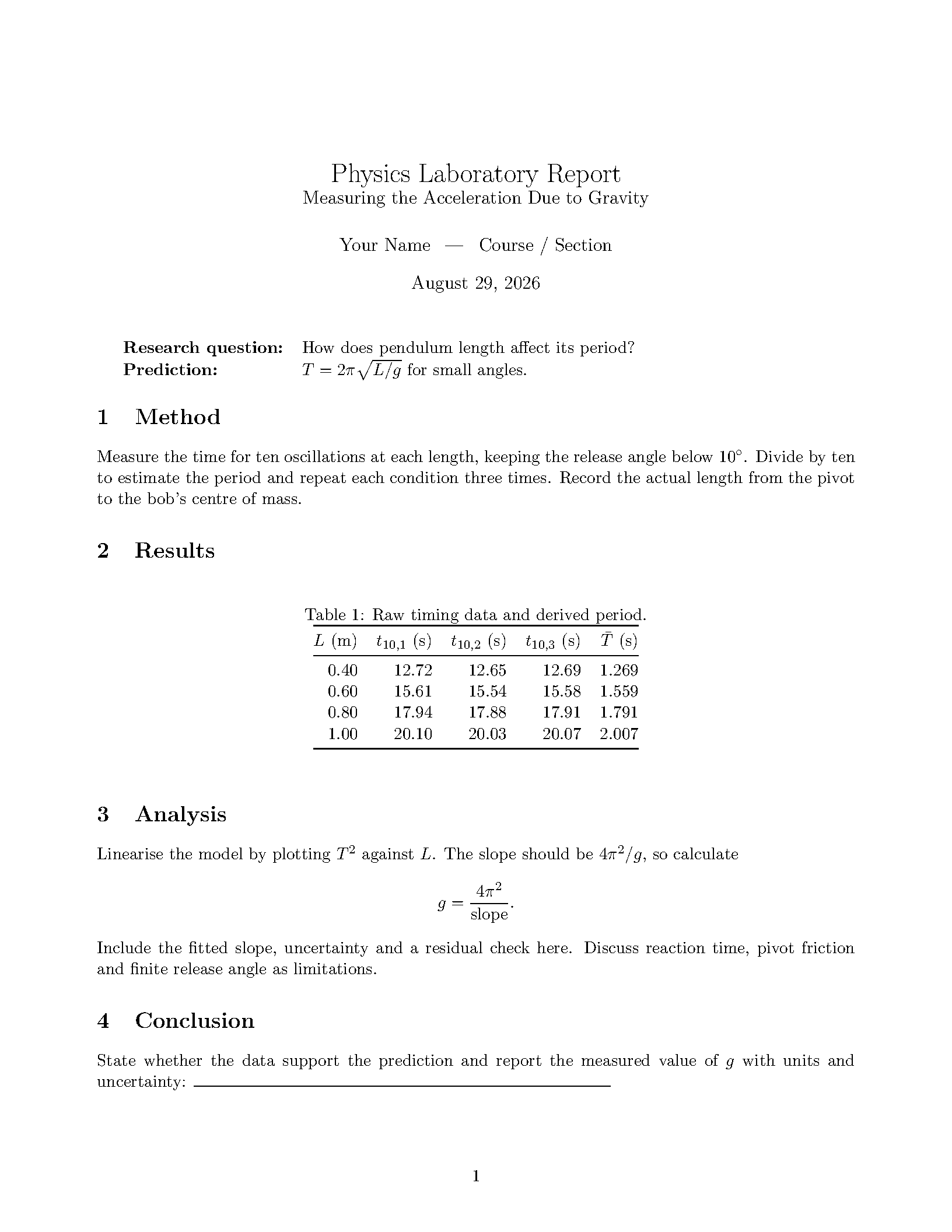 First page of CHS Physics Lab Report