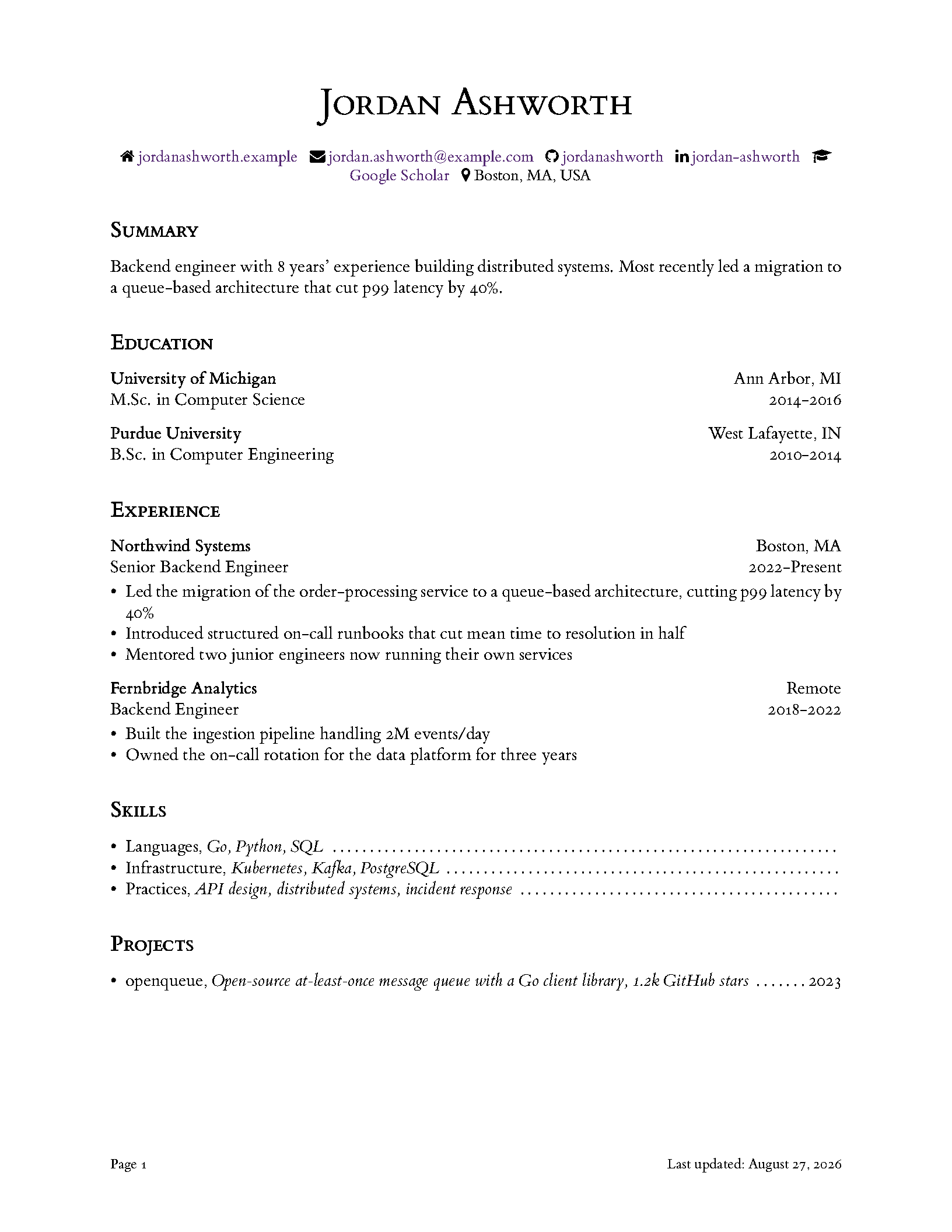 First page of the CleanCV template