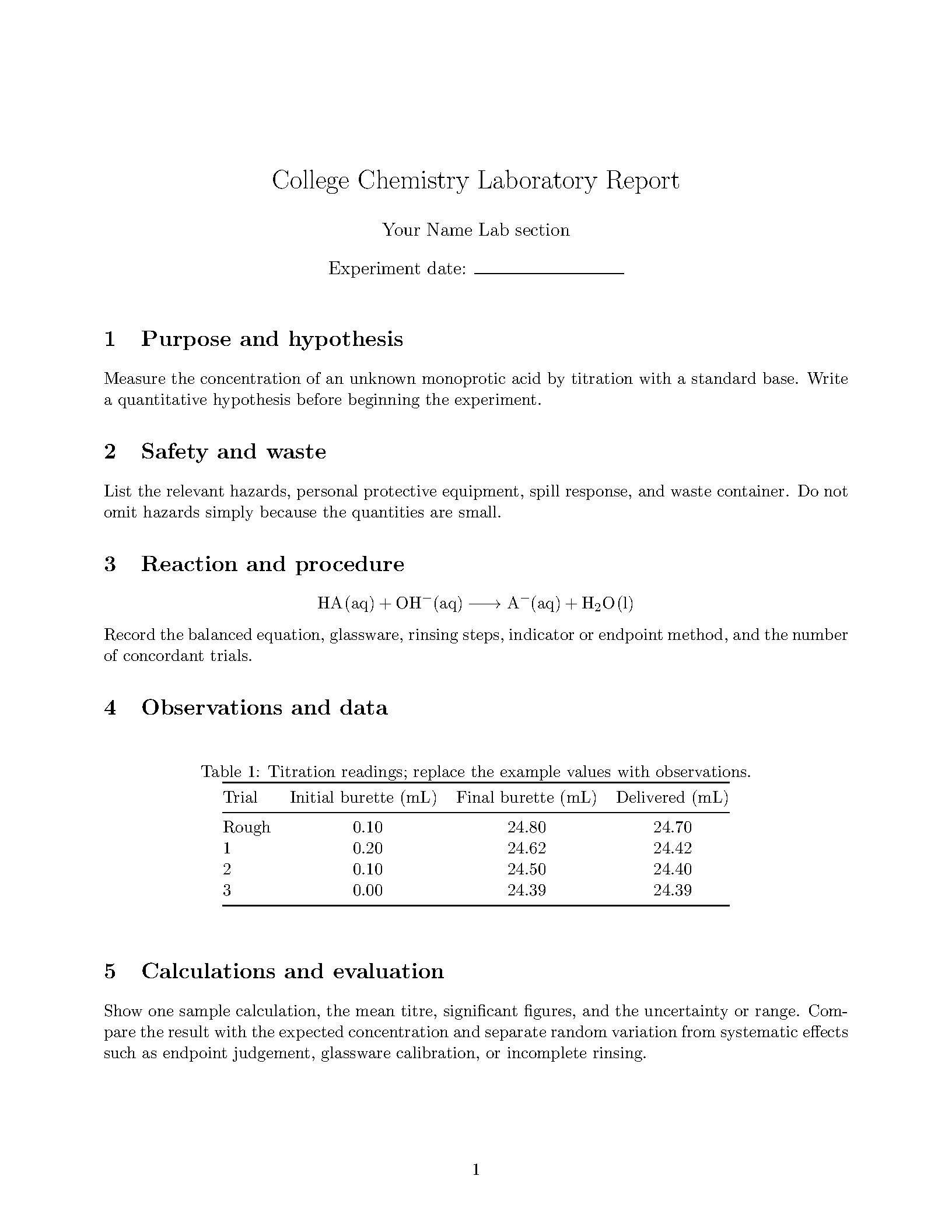 First page of College Chemistry Lab Report