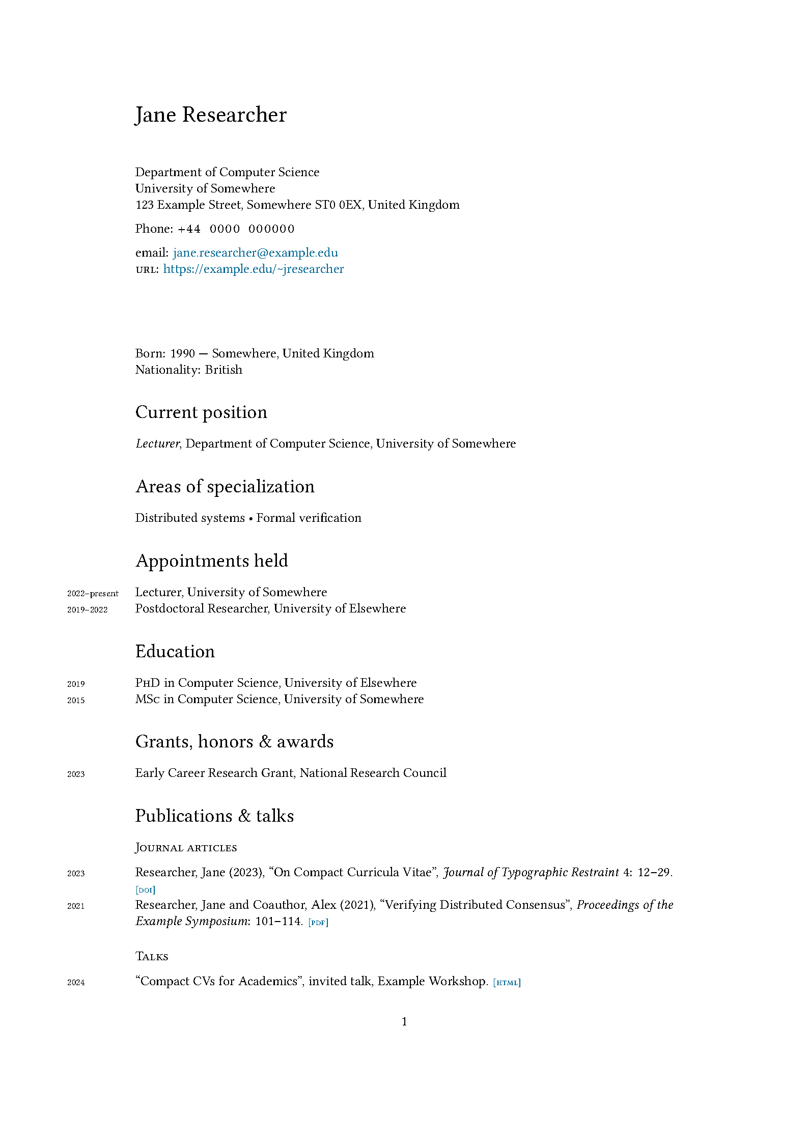 First page of the compiled Compact Academic CV template
