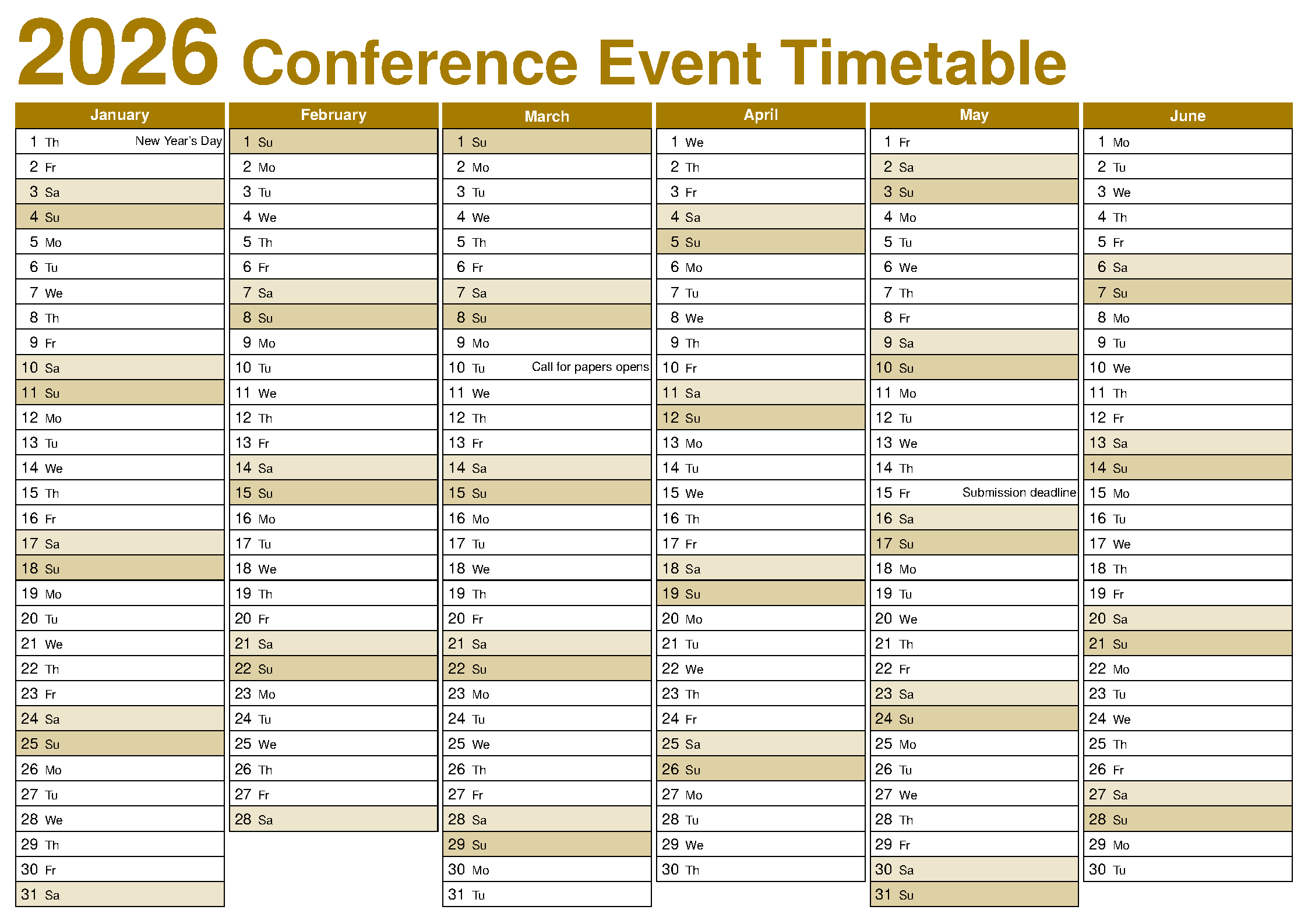 First page of the compiled Conference Event Timetable template