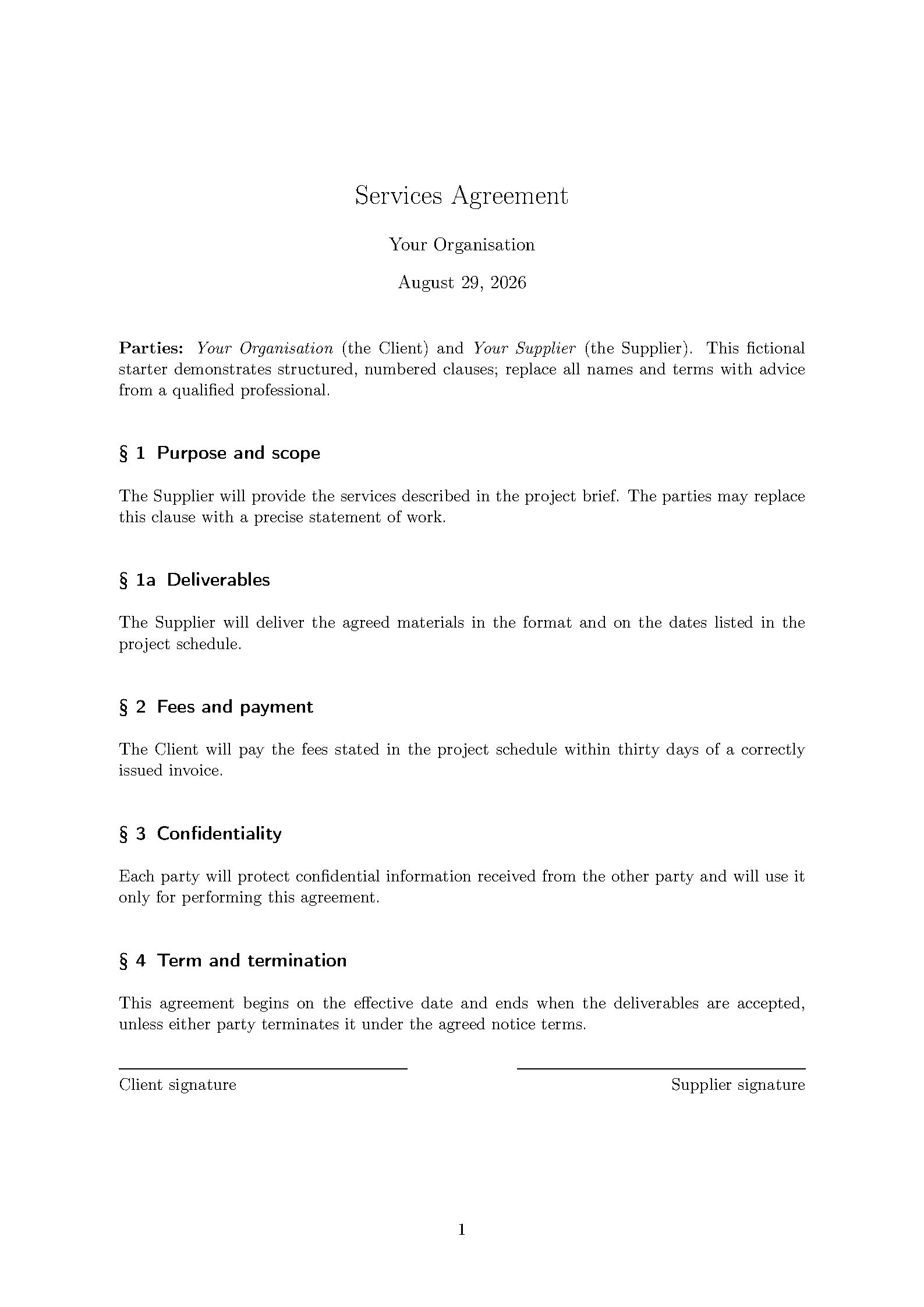 First page of Contract