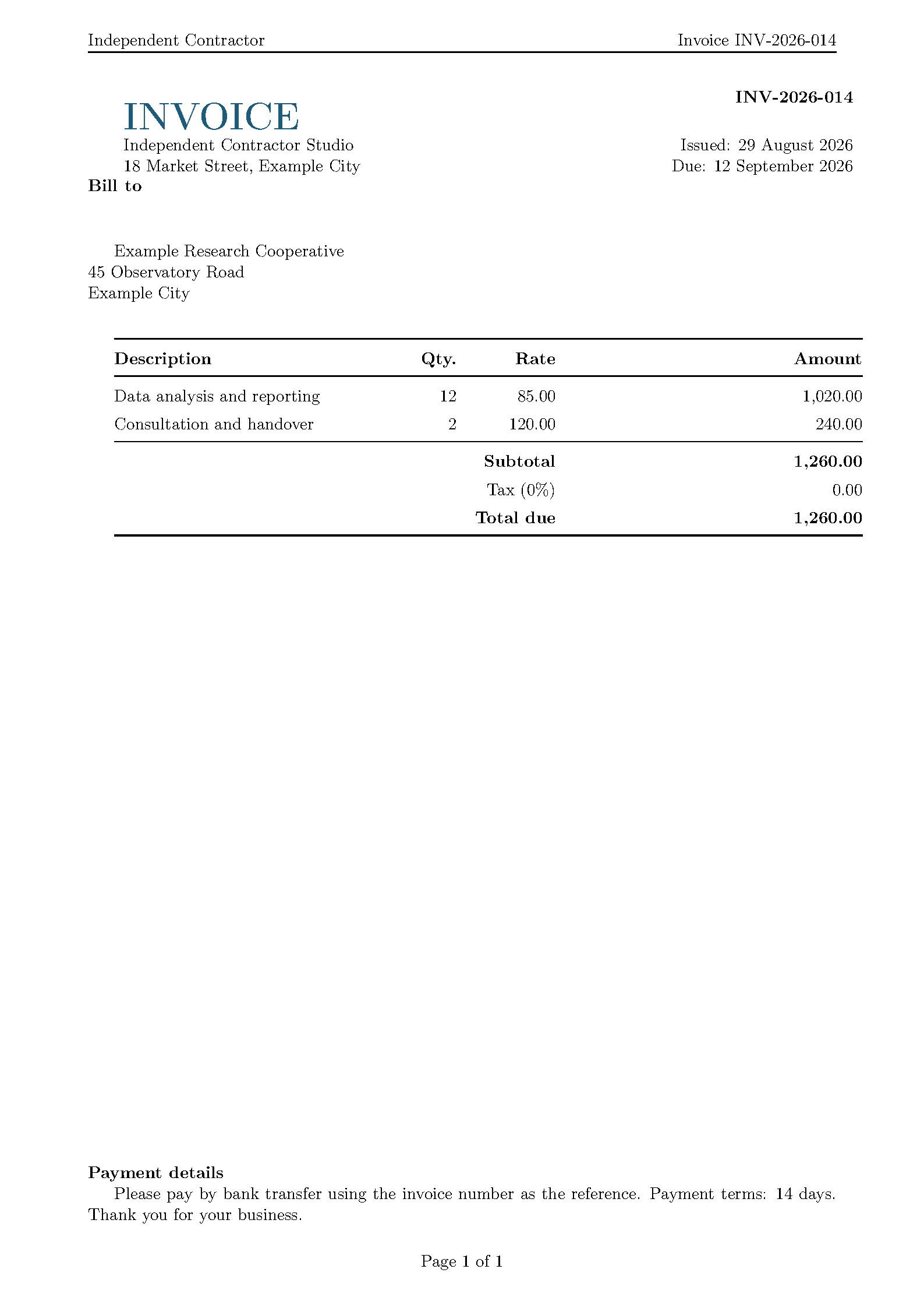 First page of Contractor Invoice Template