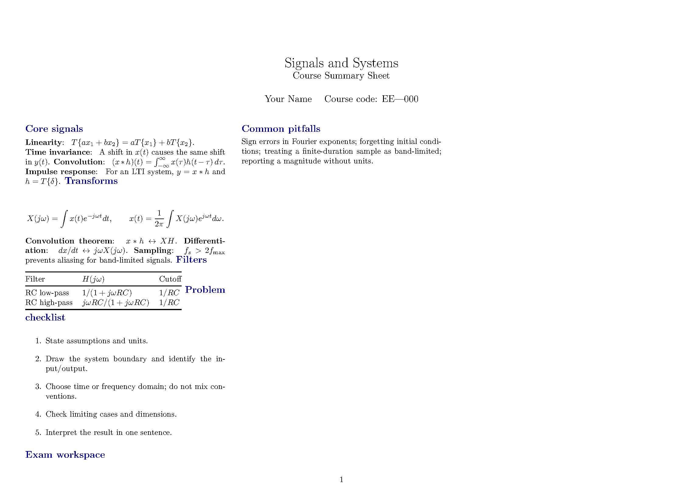 First page of Course Summary Cheatsheet