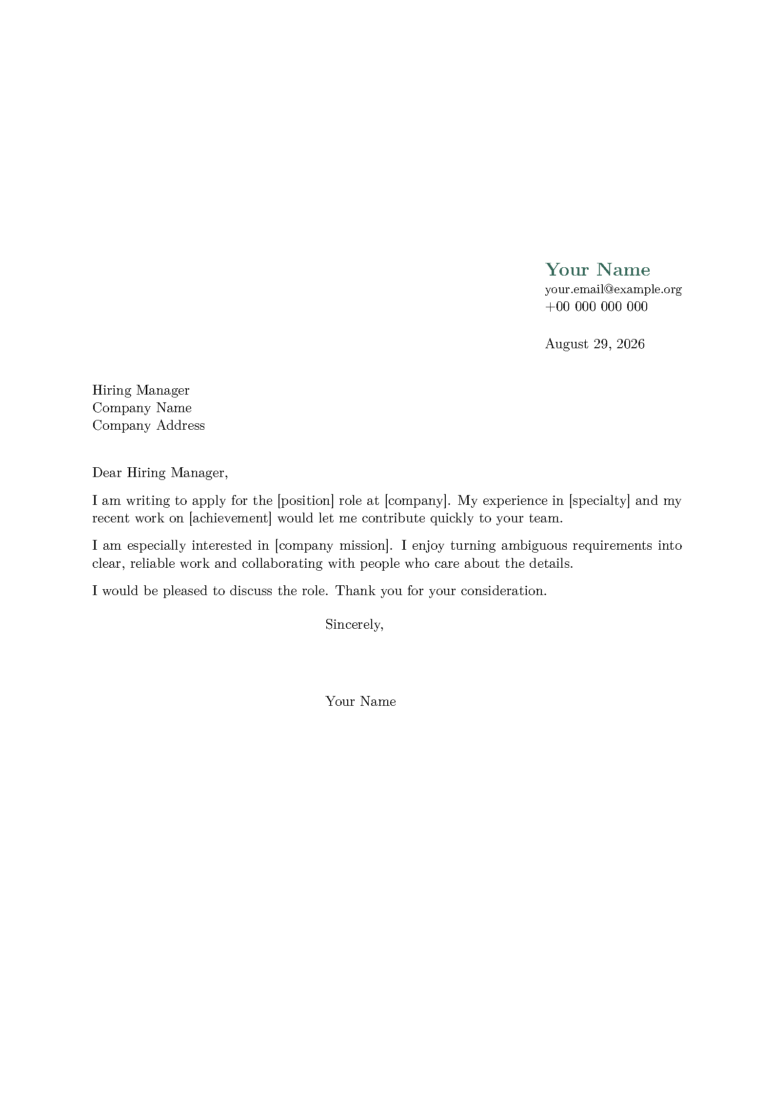 First page of the Cover Letter Simple template