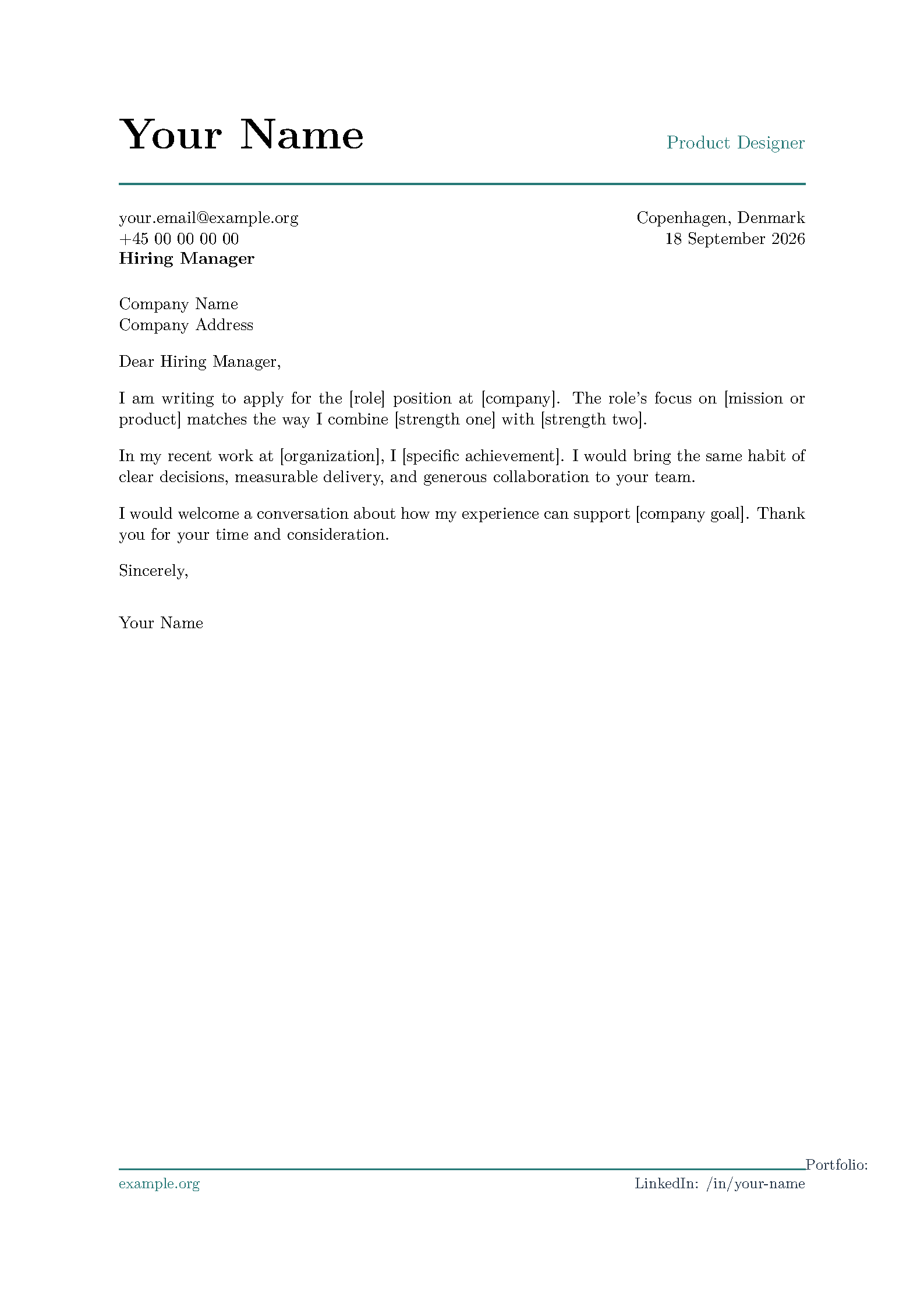 First page of the Modern Cover Letter Template template
