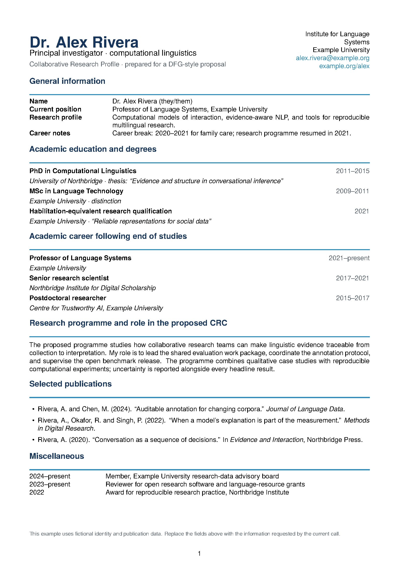 First page of the CRC-template CV Profile template