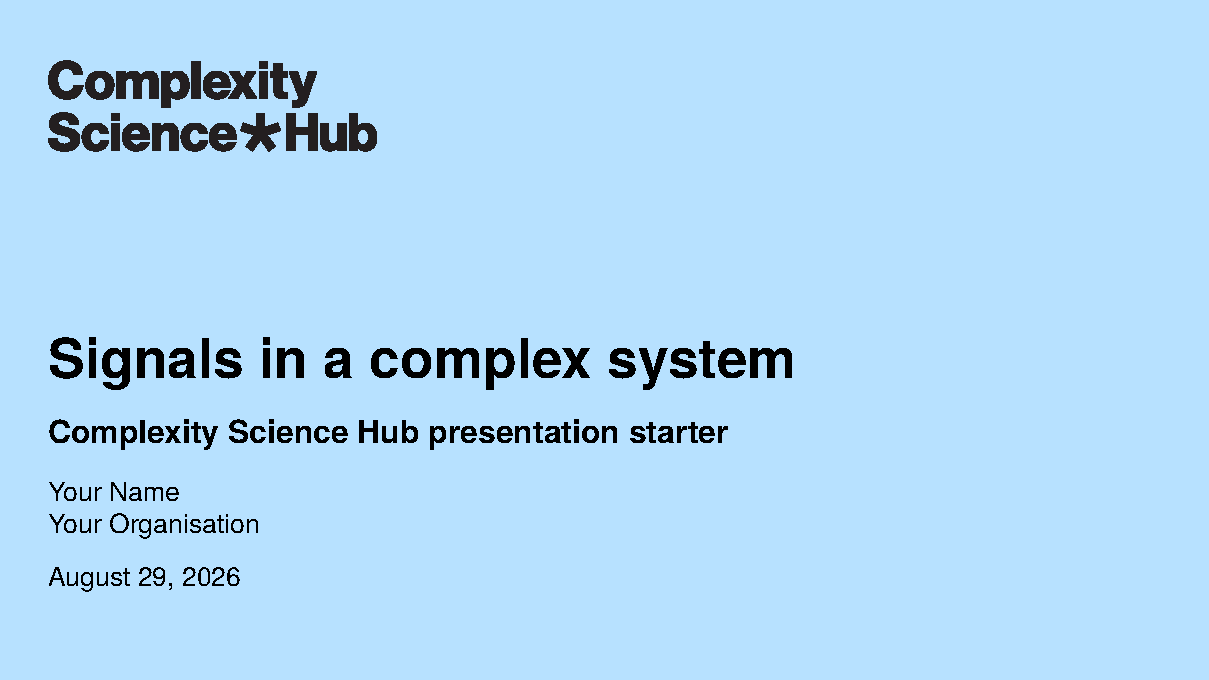 First page of the Complexity Science Hub Beamer template