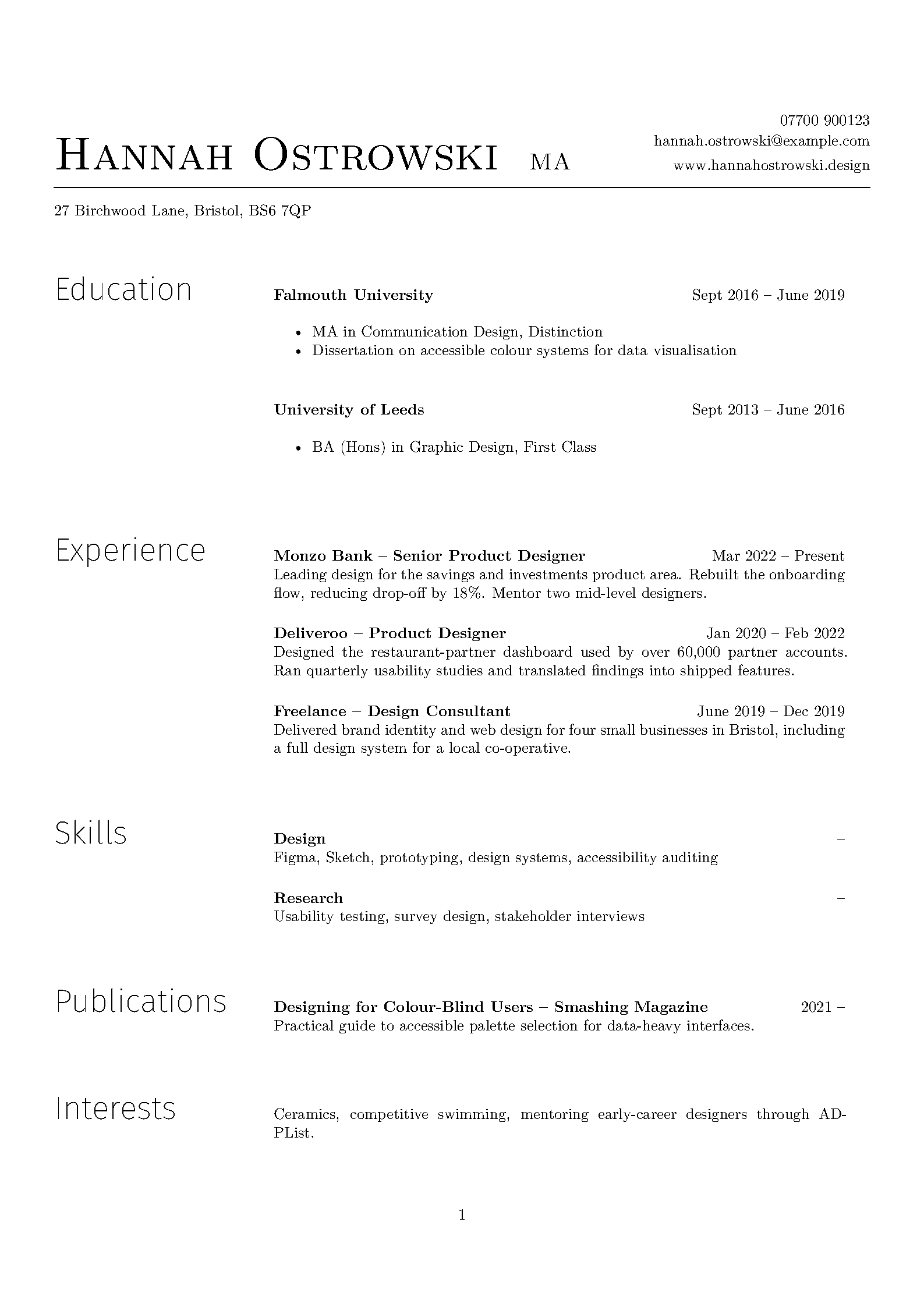 First page of the Curriculum Vitae template