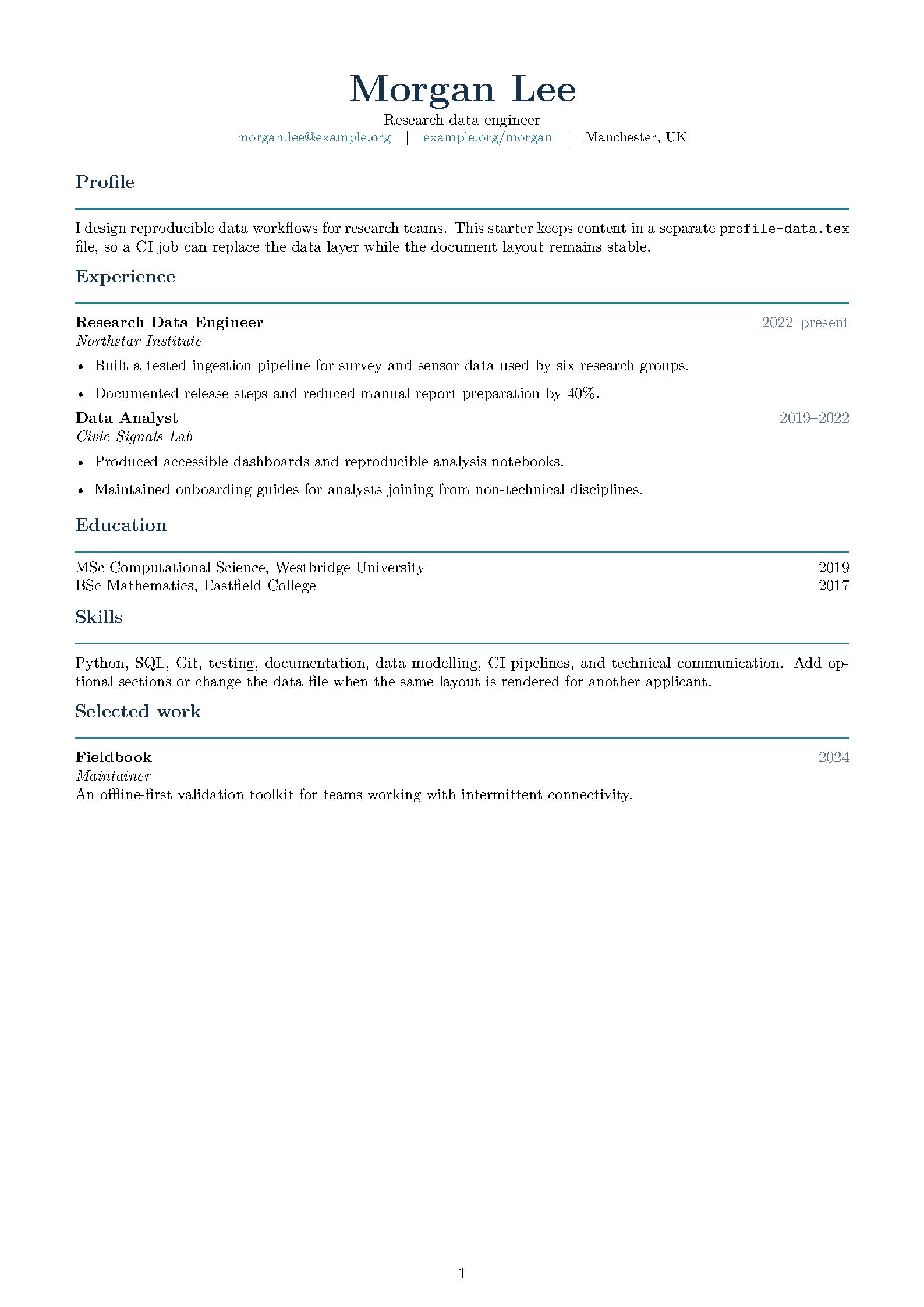 First page of the Curriculum Vitae CI Boilerplate template