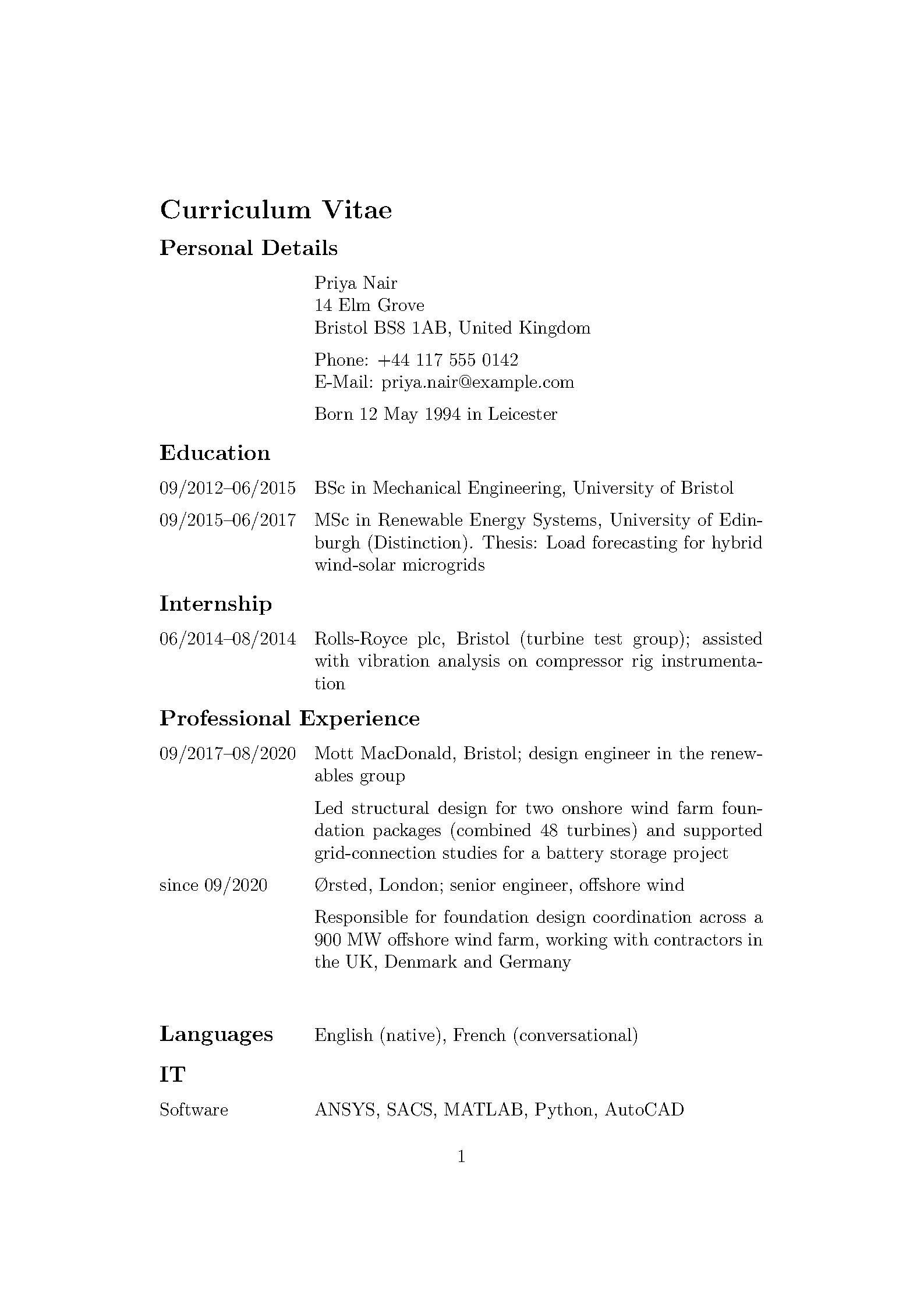 First page of the CurrVita template