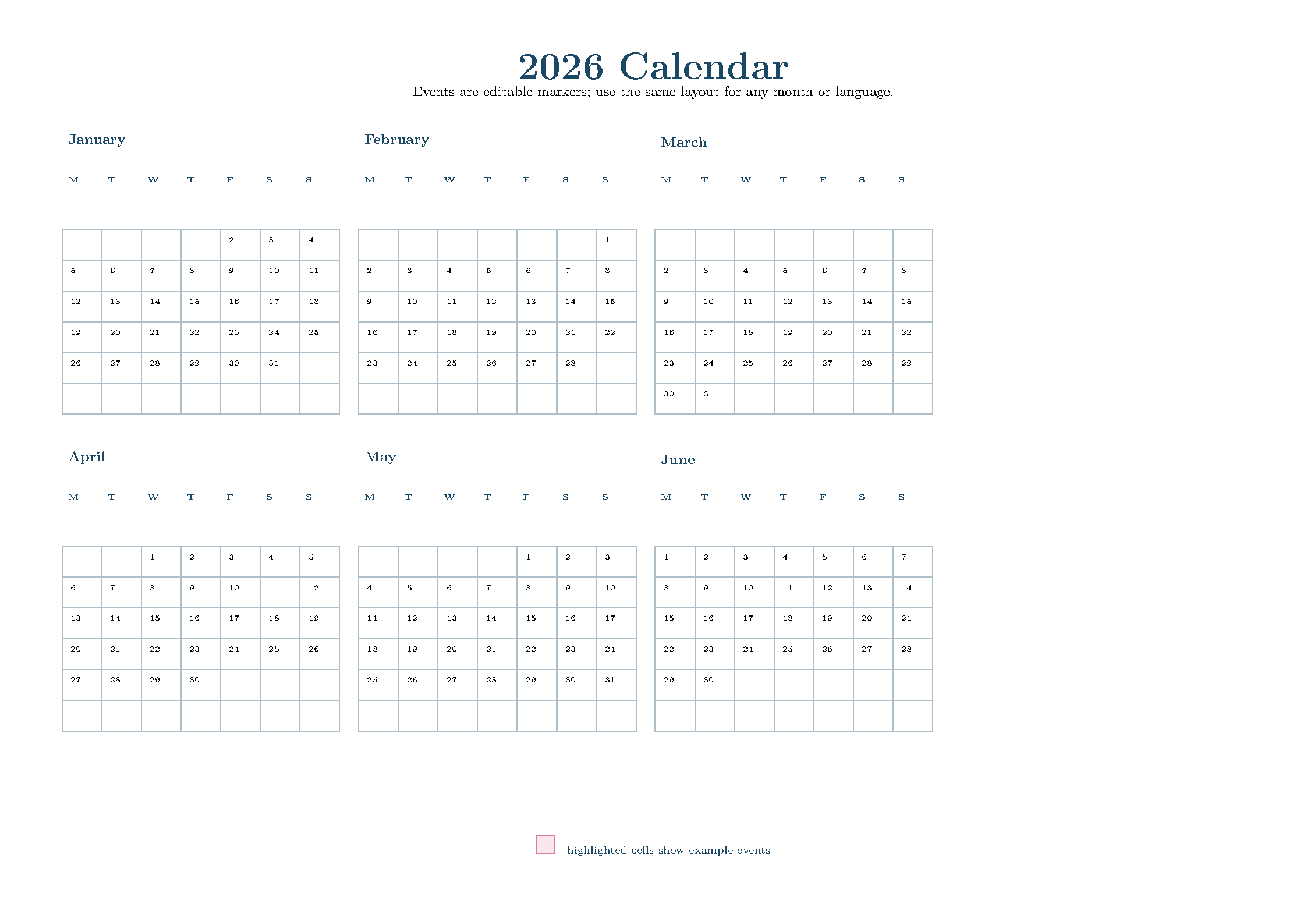 First page of the Customisable Calendar with Events template