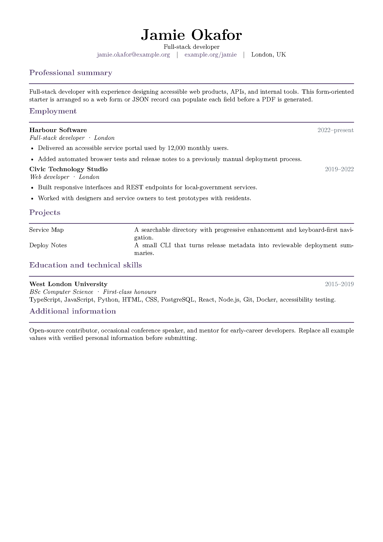 First page of the CV Generator Starter template