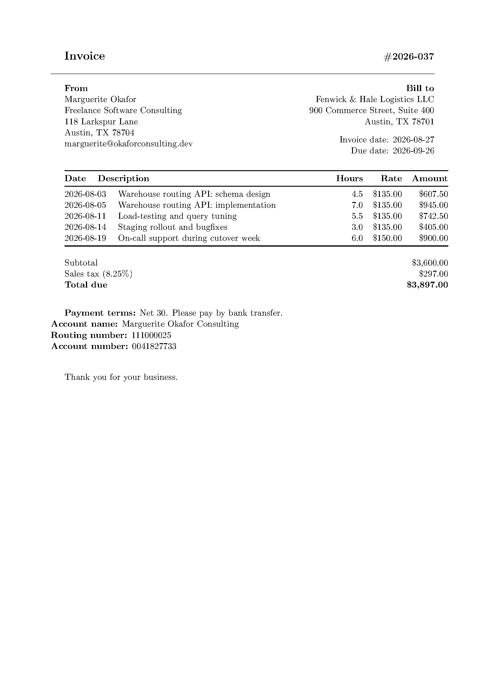 First page of the compiled Dapper Invoice template
