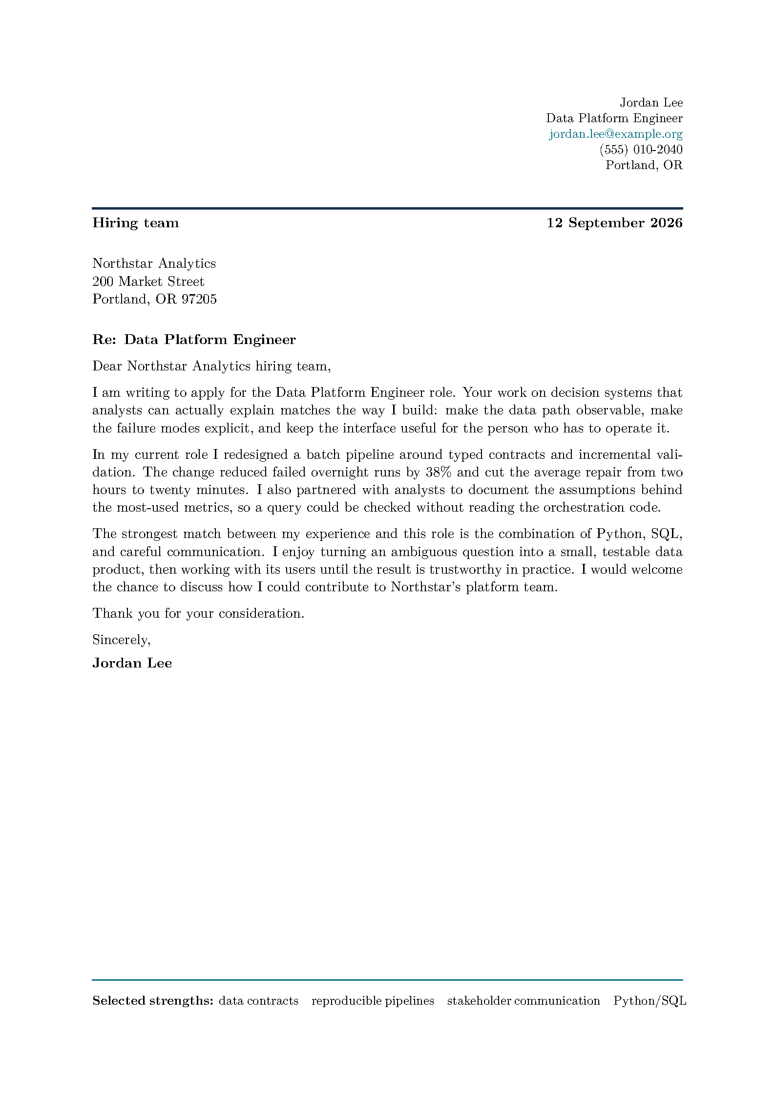 First page of the Data Science Tech Cover Letter template