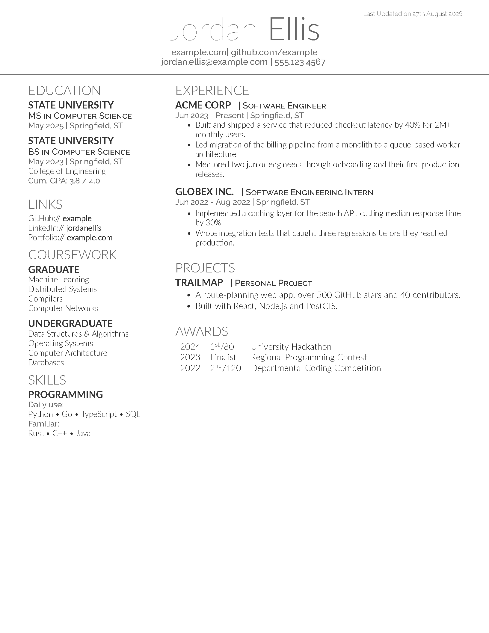 First page of the compiled Deedy Resume/CV template