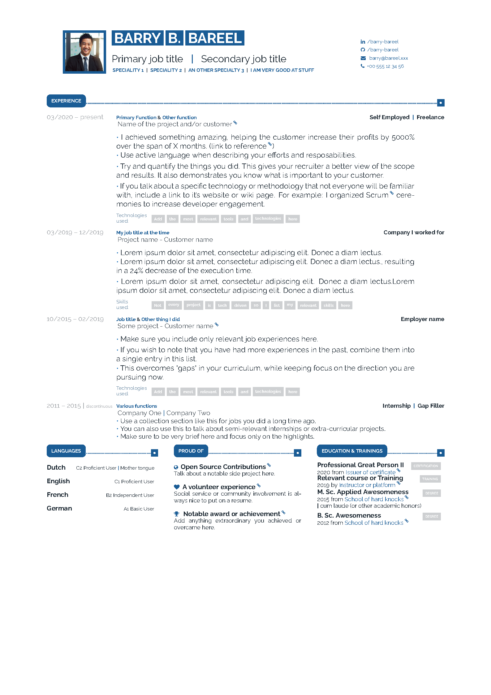 First page of the Developer CV template