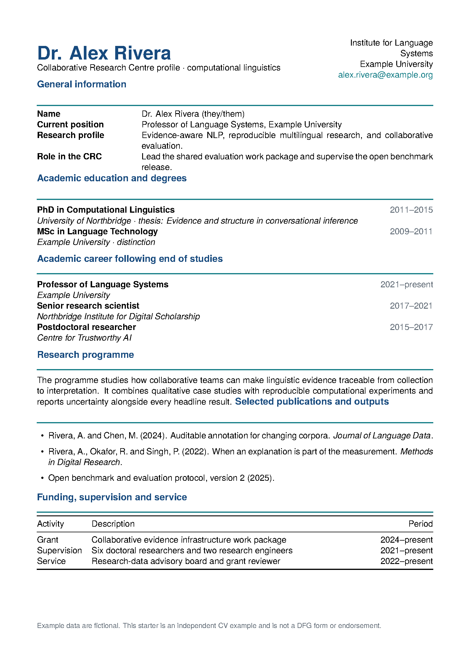 First page of the DFG Collaborative Research Centre CV template