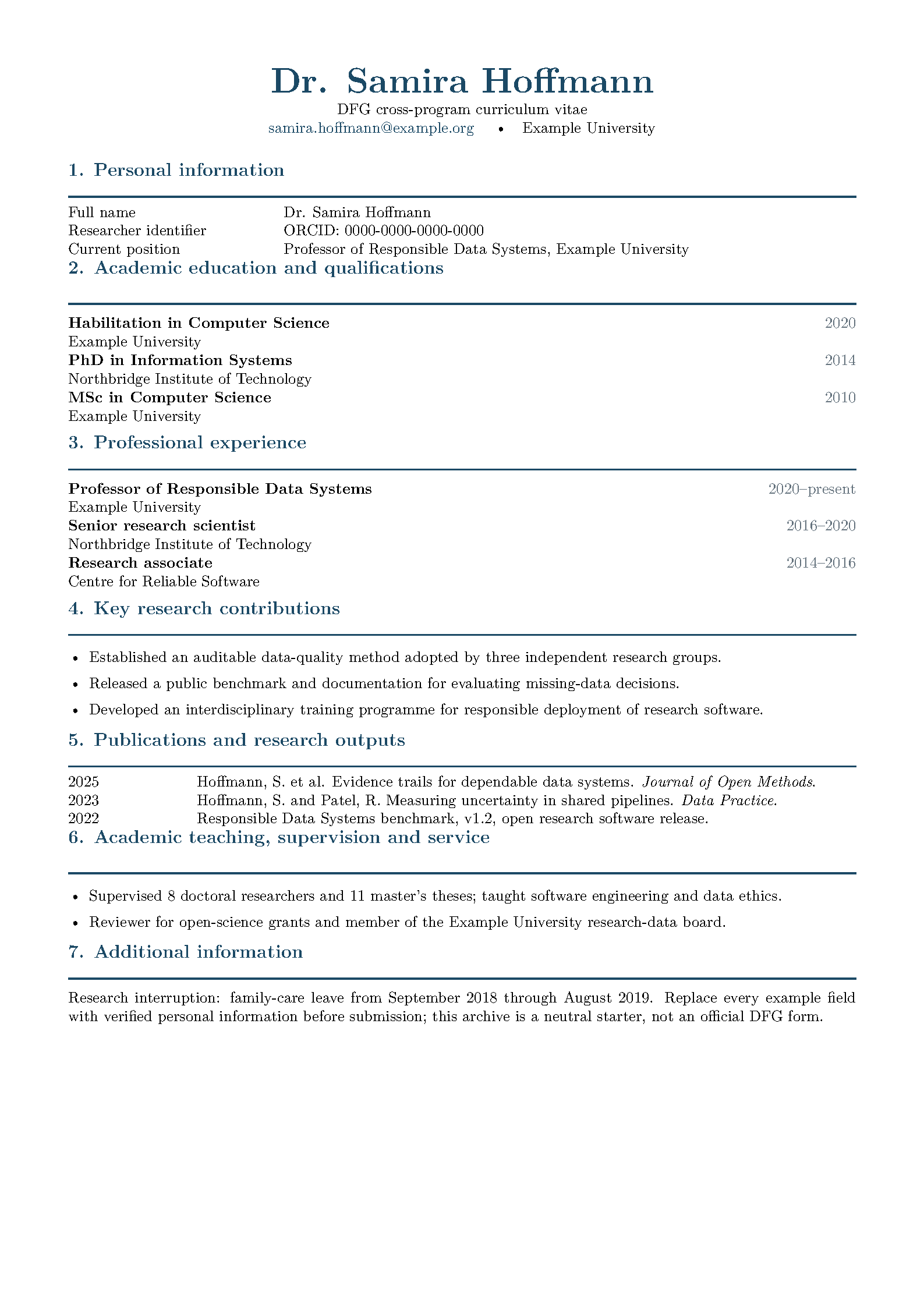 First page of the DFG Academic CV template