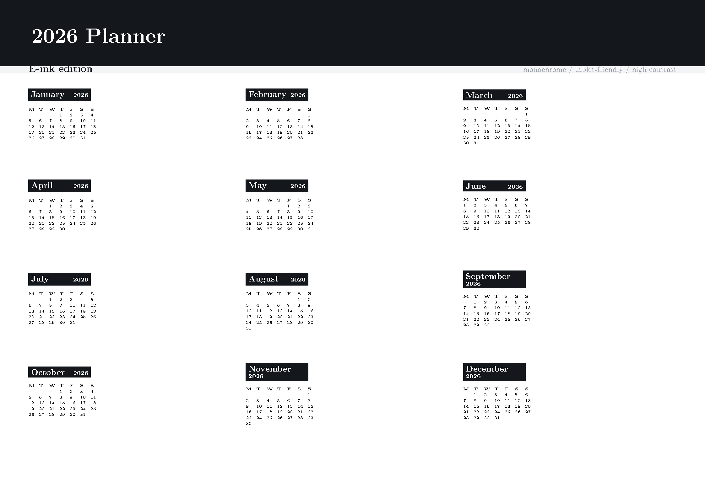 First page of the E-Ink Planner template