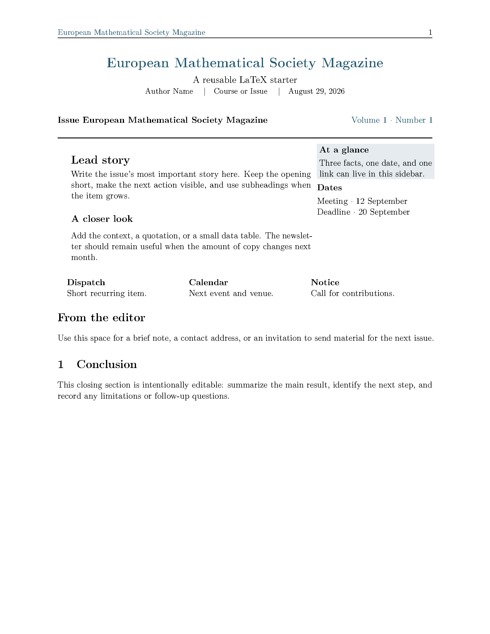 First page of the European Mathematical Society Magazine template