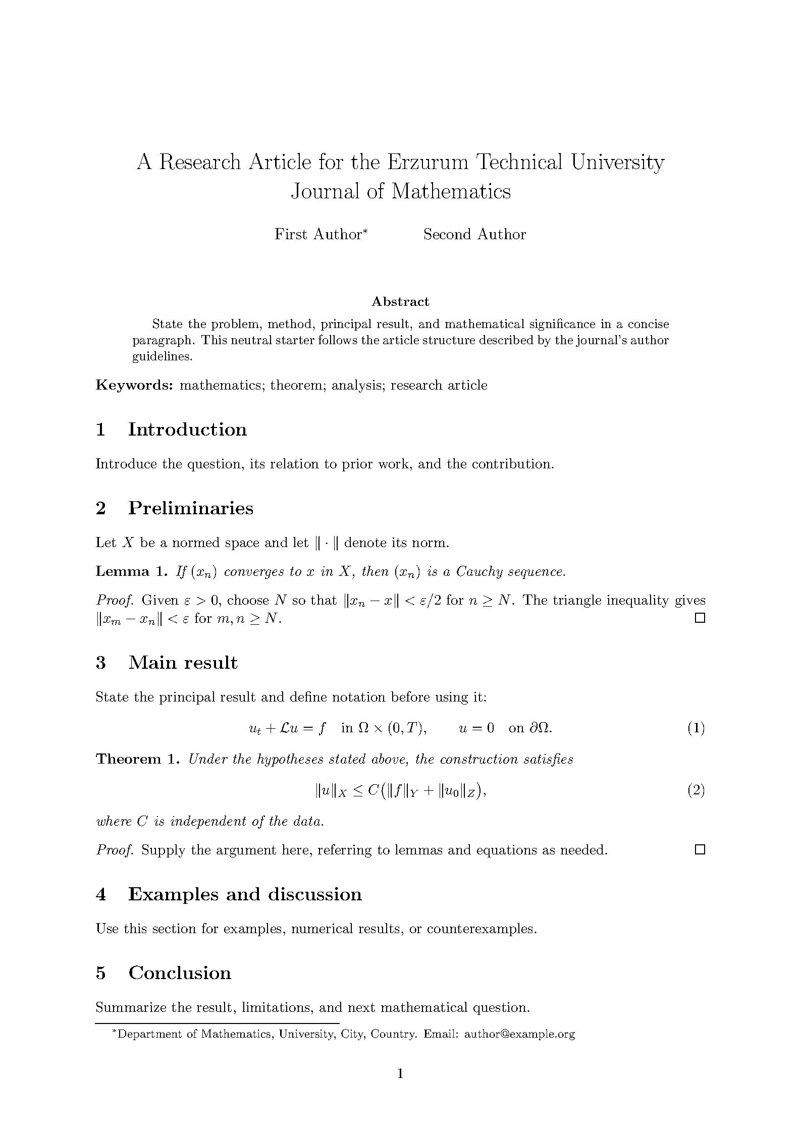 First page of Erzurum Technical University Journal of Mathematics