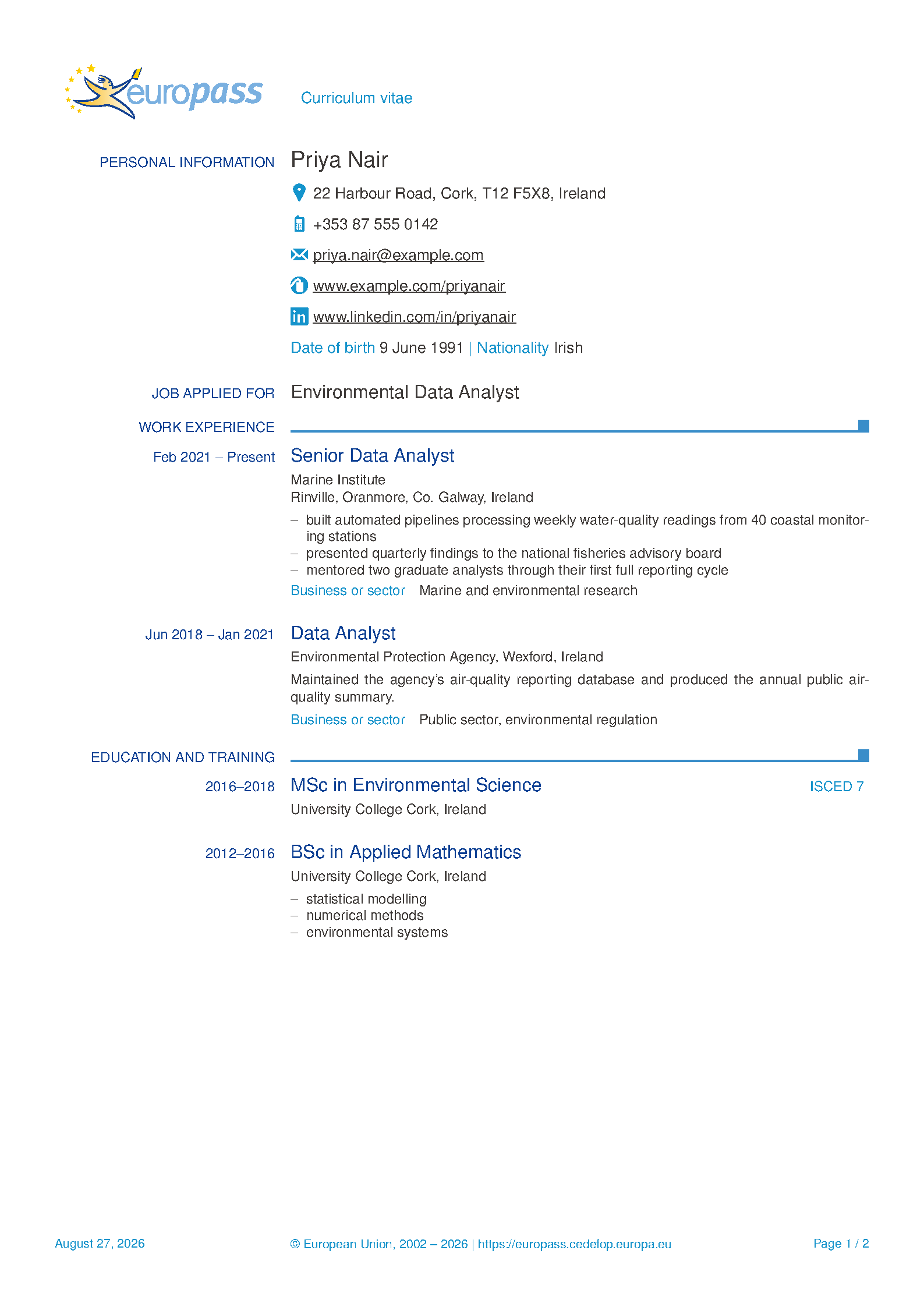 First page of the compiled Europass CV template
