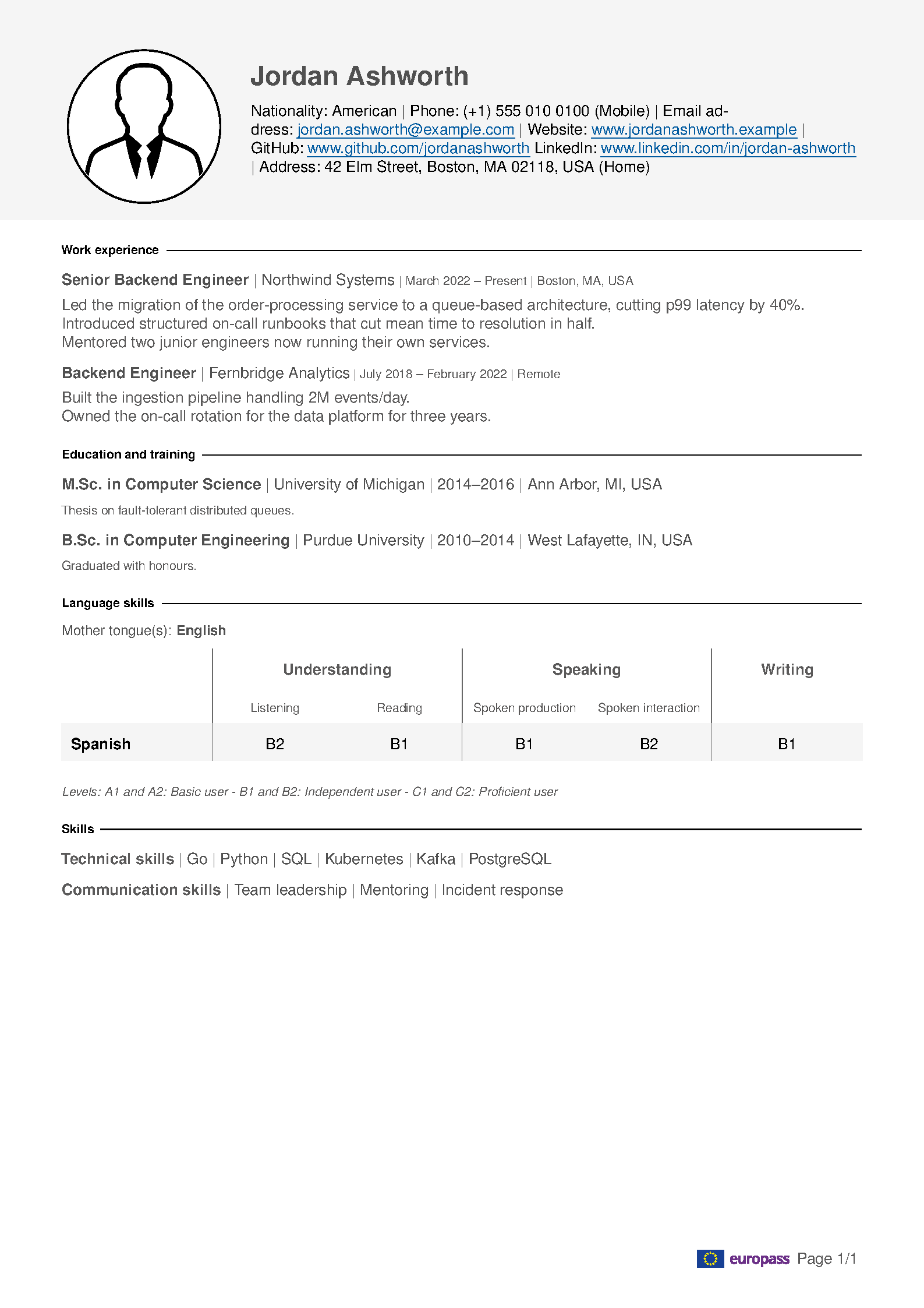 First page of the Europass CV (2025) template