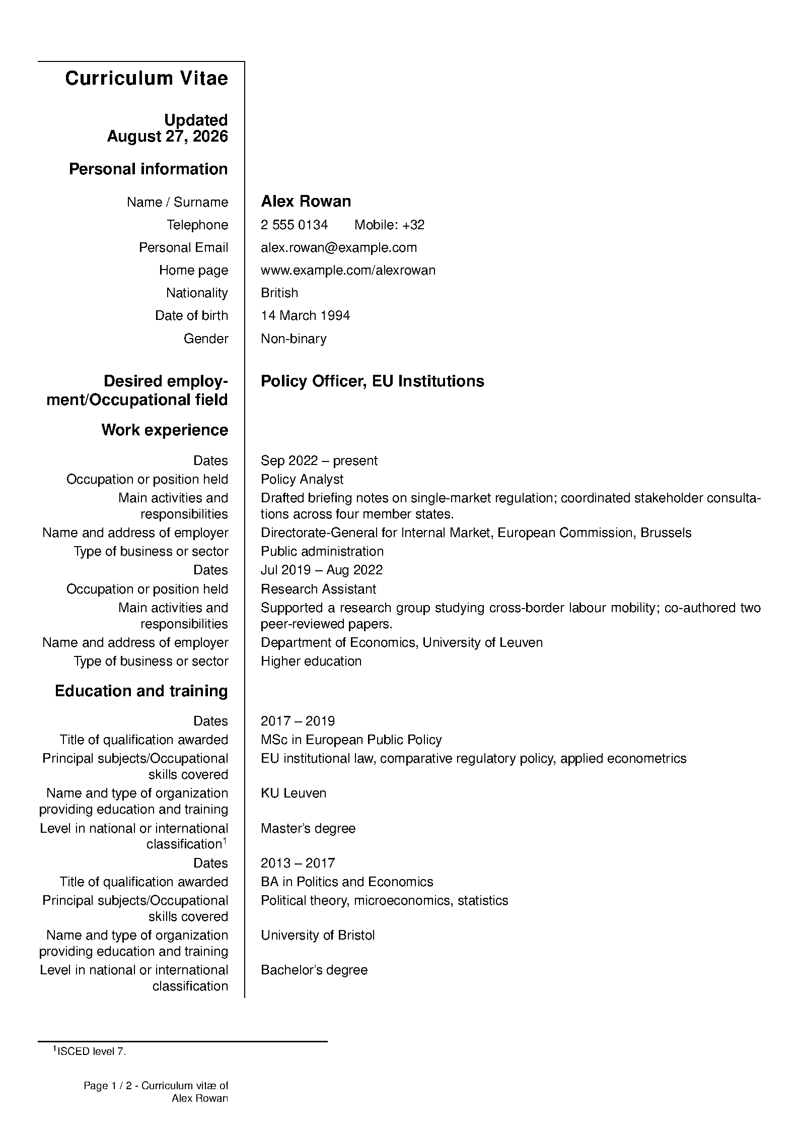 First page of the compiled EuropeCV template