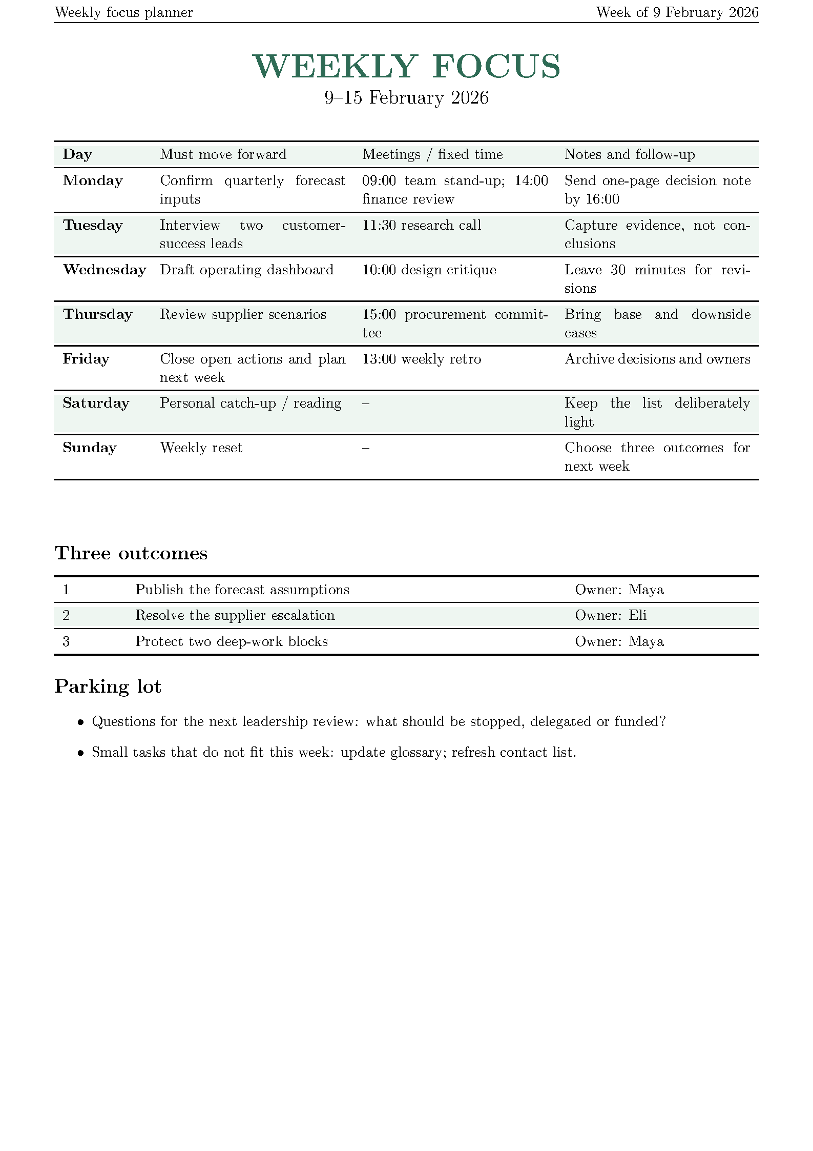 First page of the evweek Weekly Calendar template