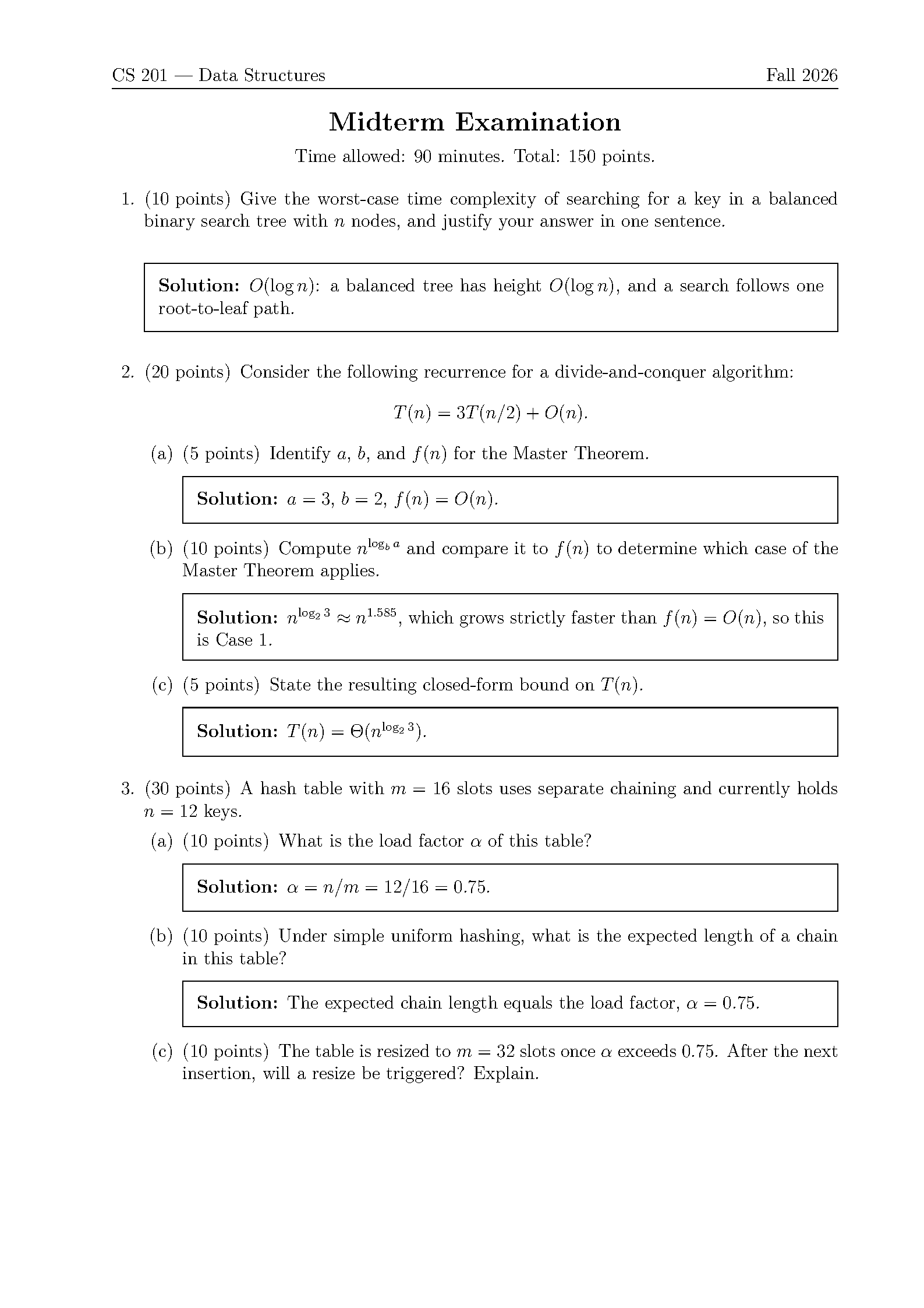 First page of the exam template