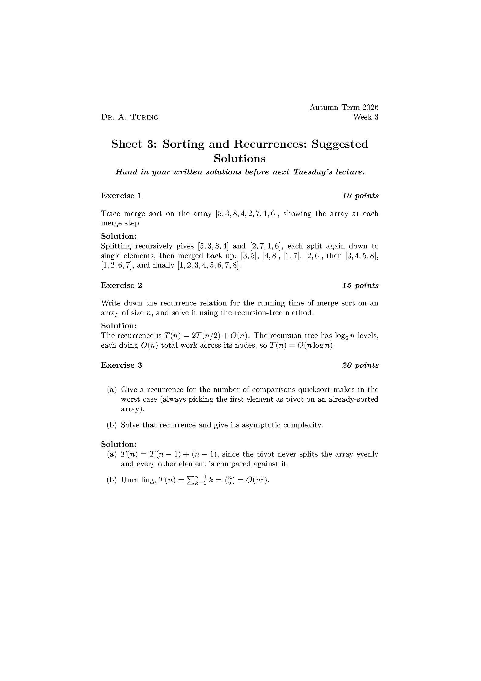 First page of the exercisesheets template