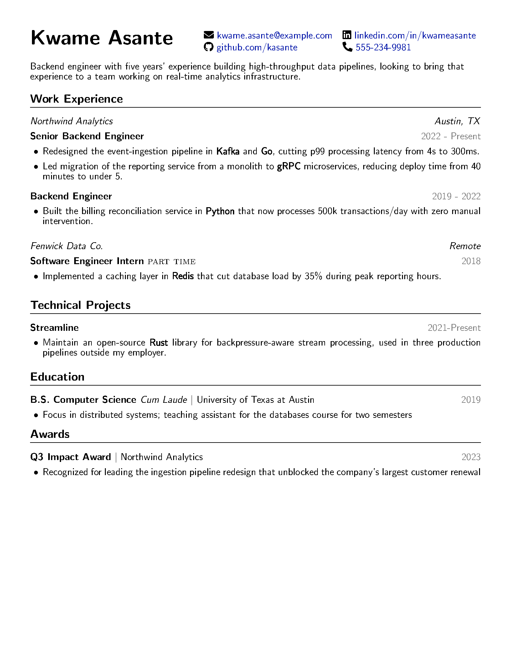 First page of the compiled Expressive Resume template