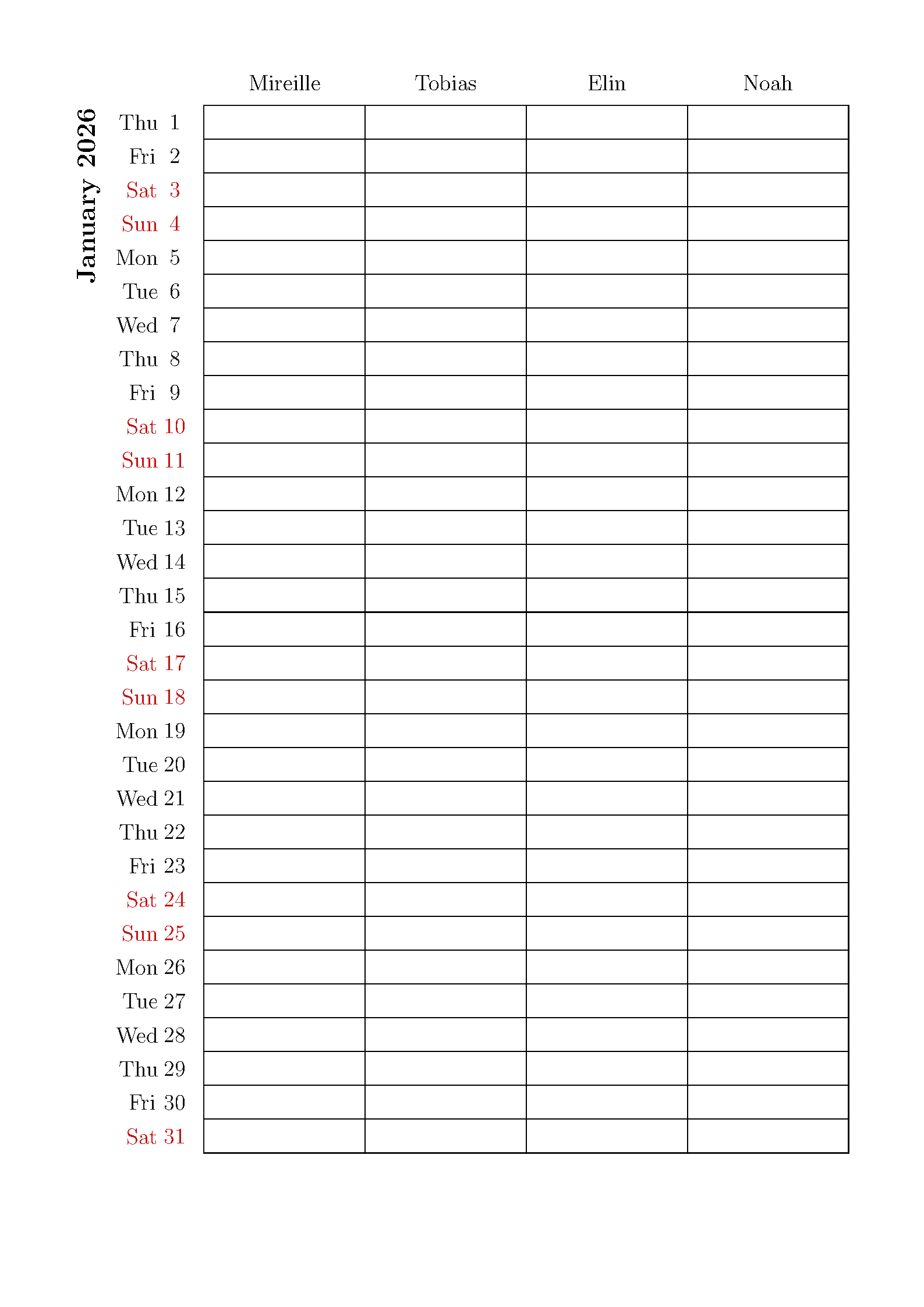 First page of the Family Wall Calendar template