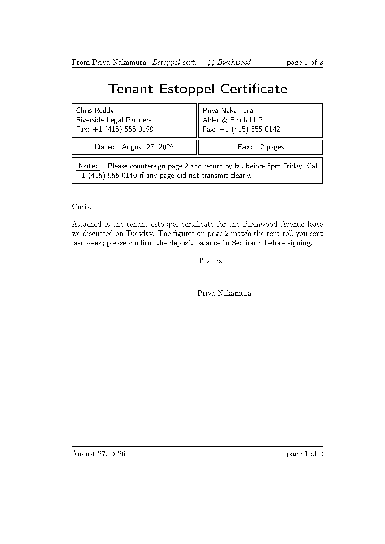 First page of the Fax Cover Sheet template