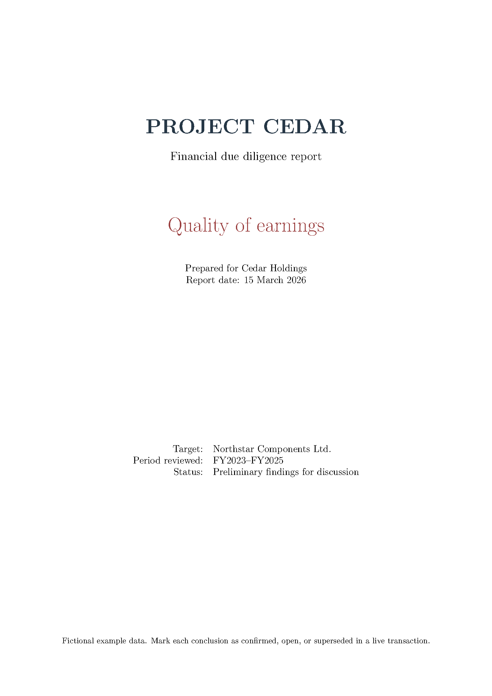 First page of Financial Due Diligence Report