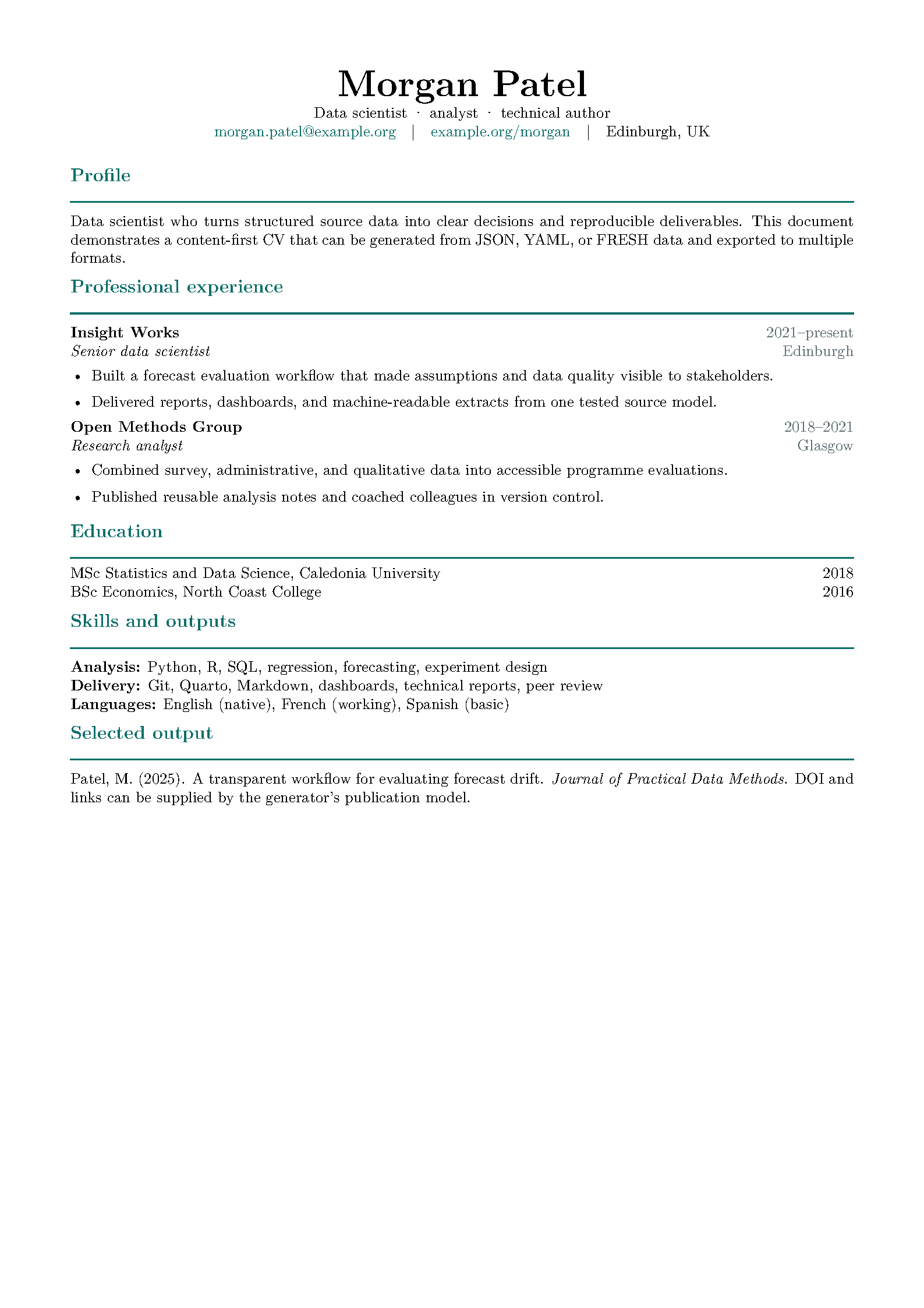 First page of the FluentCV LaTeX Starter template